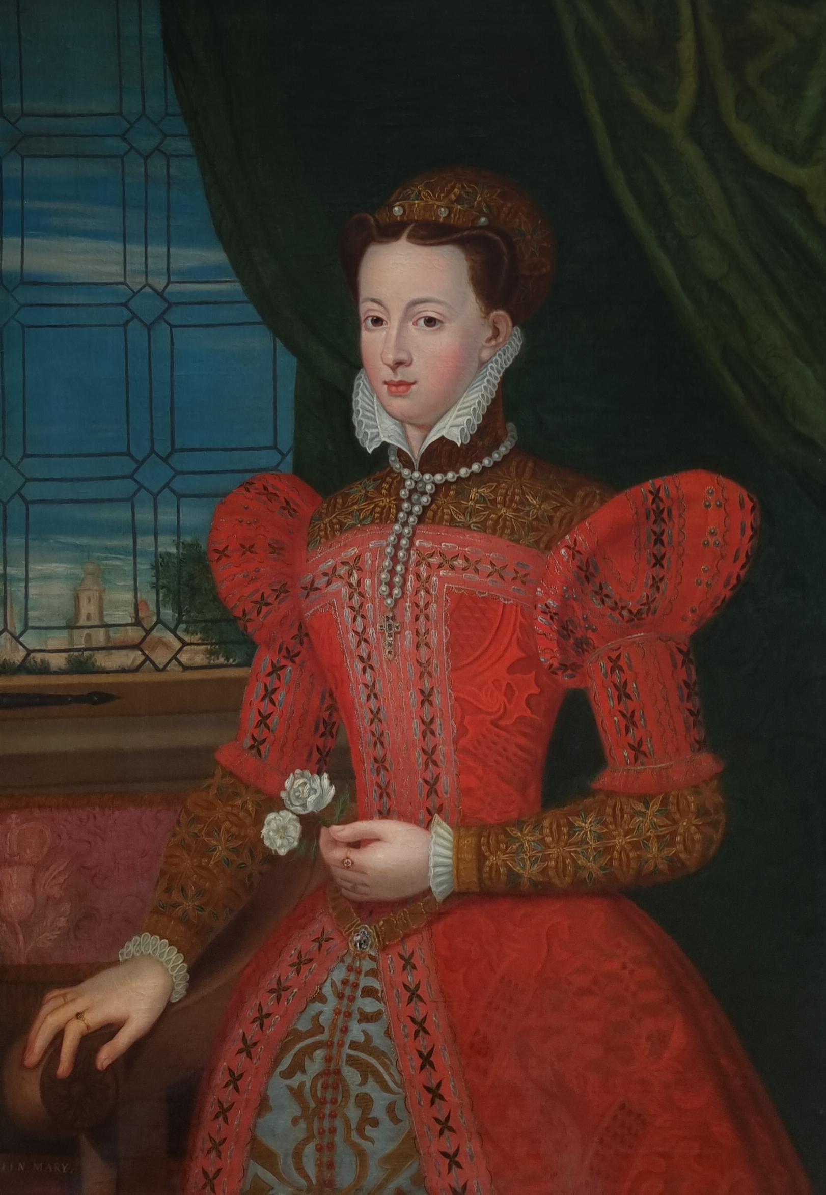 This impressive half-length portrait, presented by Titan Fine Art, was painted during the eighteenth century; it depicts the sitter wearing fine red drapery and standing in an interior holding a rose.  Mary, Queen of Scots was one of the most