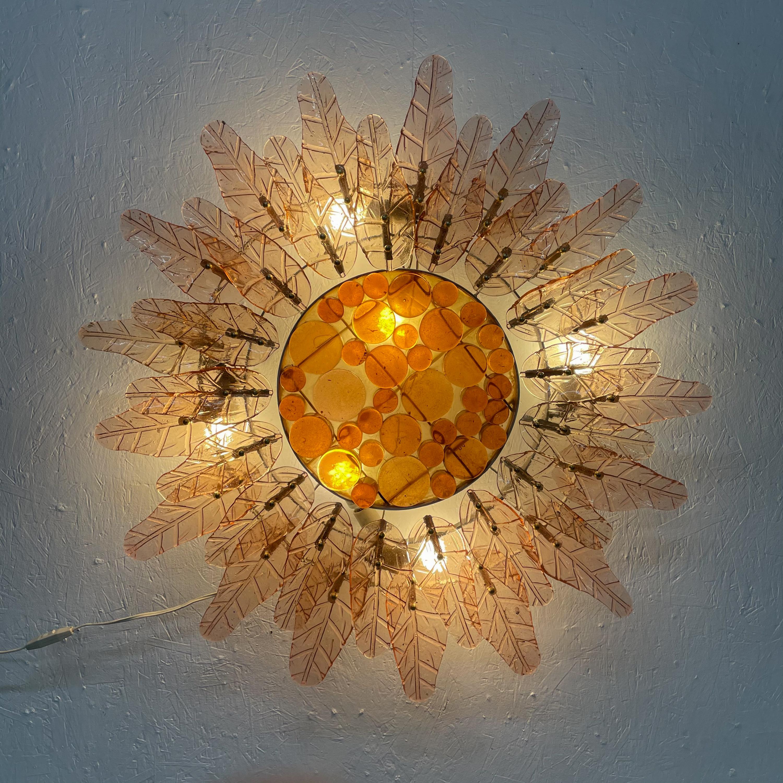 For your consideration: Designed by Felipe Delfinger for FEDERS. Hand Blown Wall Sconce Sun Flower Mexico 1970s
Spectacular Hand blown glass designed as a Wall Sconce (large 41in diameter) 
Dimensions: 41 in diameter x 8D
Sun flower shape each