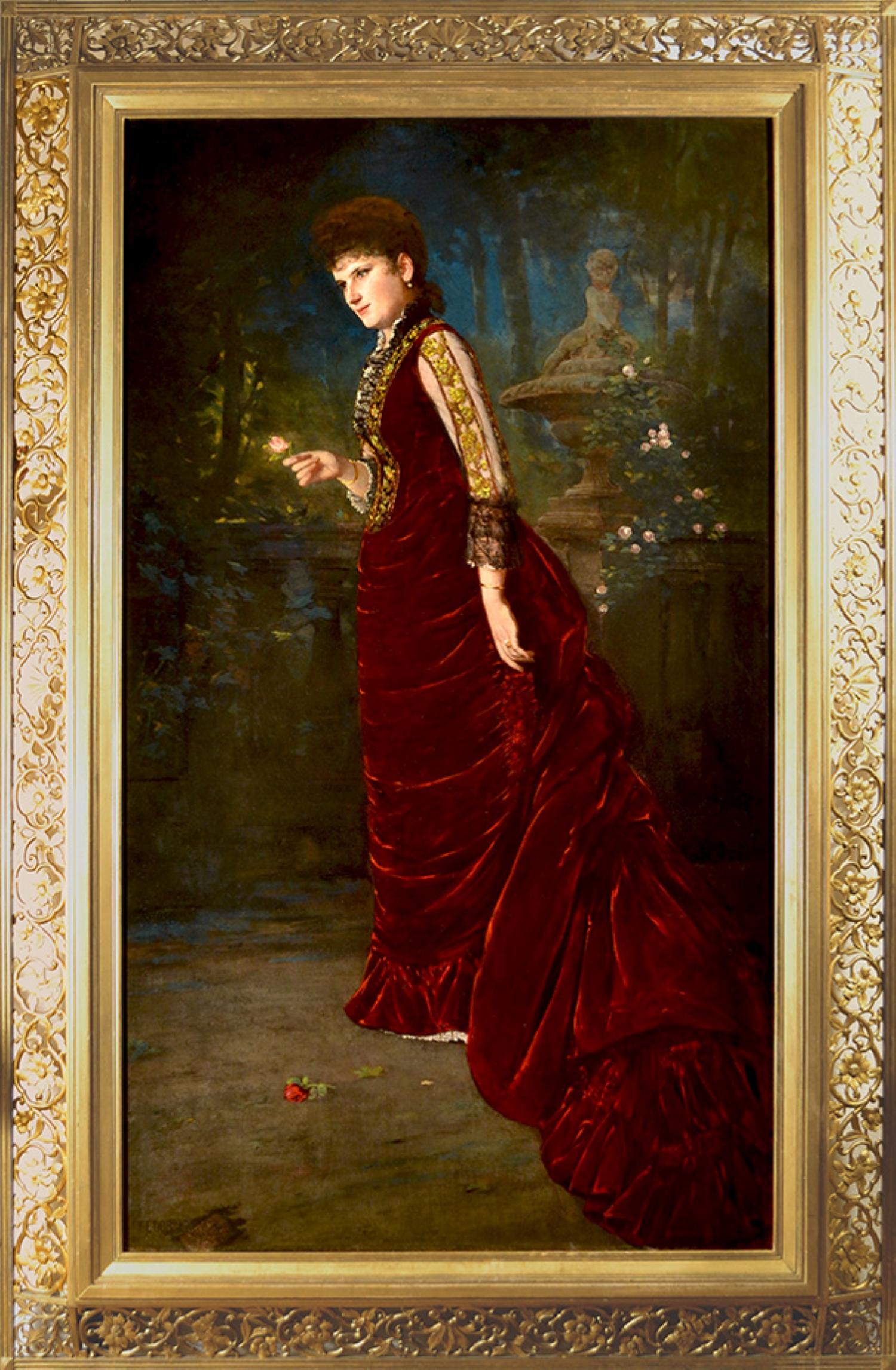  Full length Portrait of Jeannie Netter, wearing a Burgundy dress - Painting by Fedor Encke