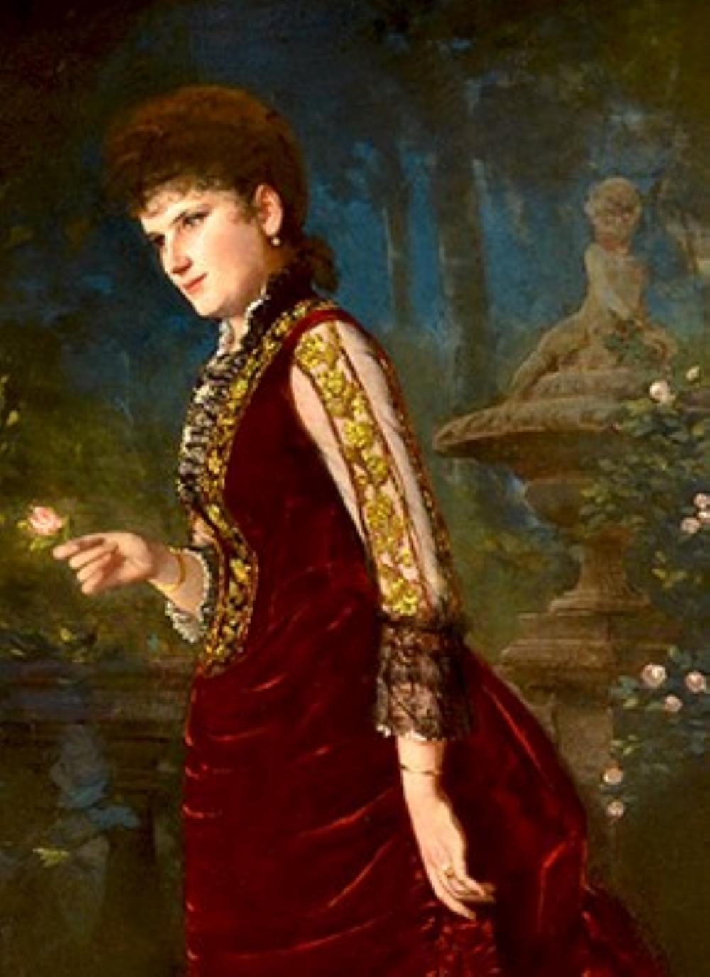  Porträt in voller Länge von Jeannie Netter, in einem burgunderroten Kleid