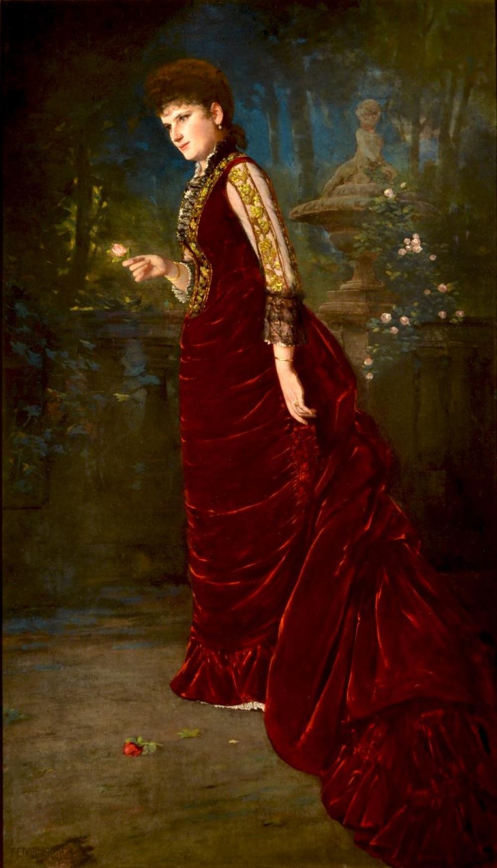 Portrait de Jeannie Netter, portant une robe bordeaux - Réalisme Painting par Fedor Encke