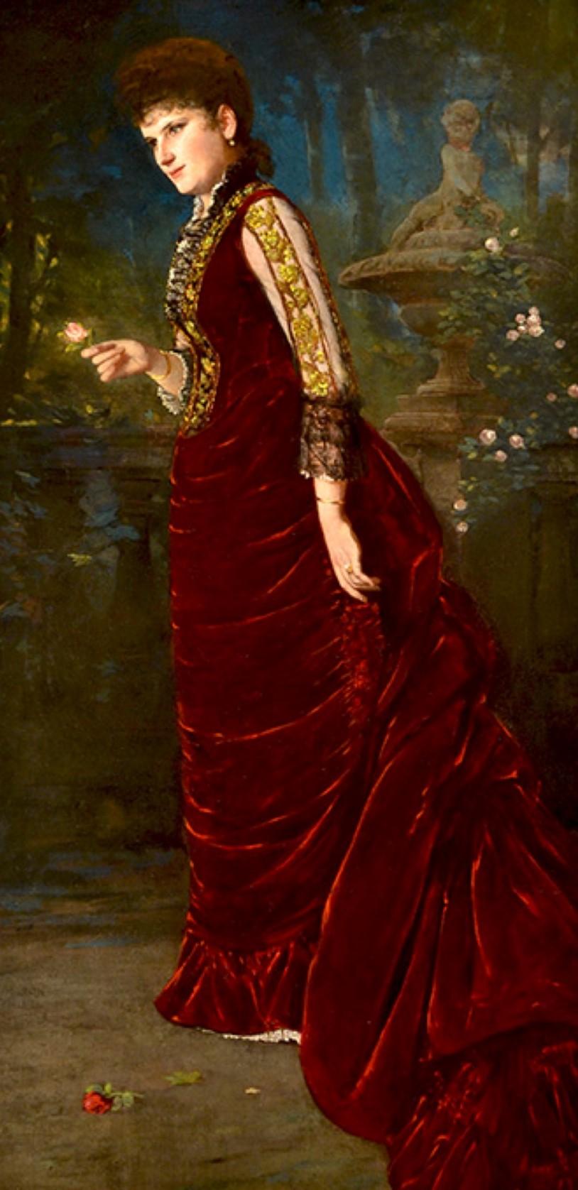 Portrait de Jeannie Netter, portant une robe bordeaux - Noir Portrait Painting par Fedor Encke