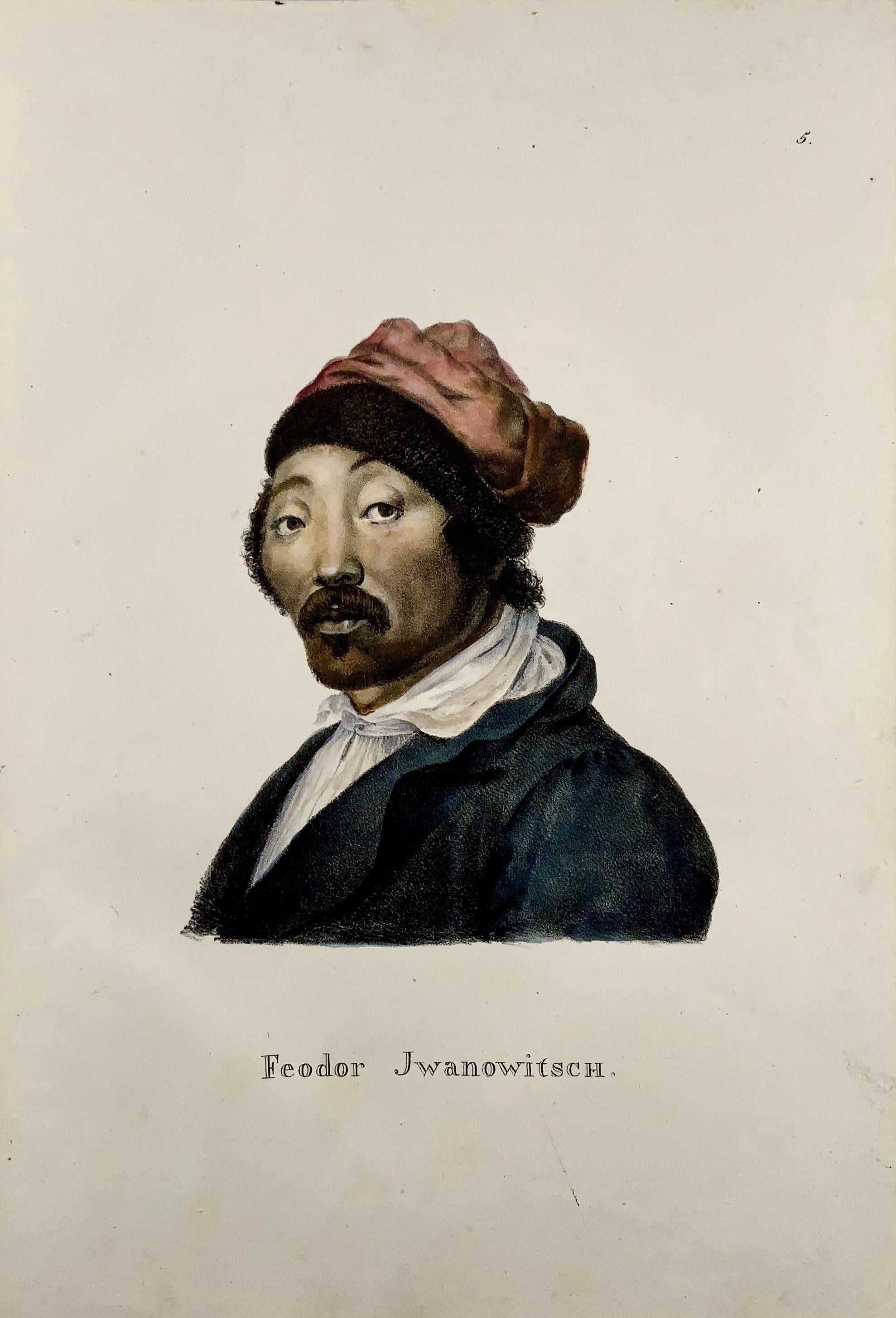 Ein frühes Folio-Steinlithographie-Porträt von Fedor Iwanowitsch (1765-1832); Kopf und Schultern dreiviertel nach links gedreht. Er hat einen Schnurrbart mit leichtem Bart und trägt eine pelzbesetzte Mütze. 

Lithografie, die dem berühmten