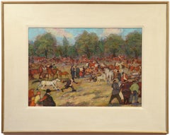 "At the Fair, " 20th Century Impressionist Oil of a Country Horse Fair in Croatia
