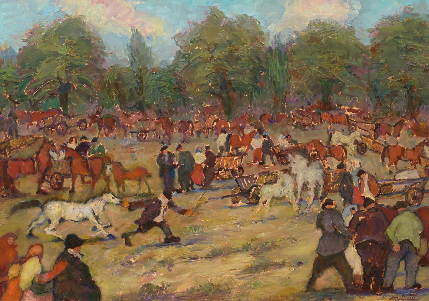 Fedor Malancec Figurative Painting – ""Auf der Messe", impressionistisches Ölgemälde einer Pferdemesse auf Kroatien, 20. Jahrhundert