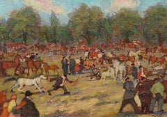 "At the Fair," 20th Century Impressionist Oil of a Country Horse Fair in Croatia