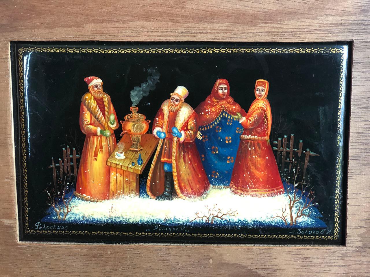 Оn SALE 
FREE SHIPPING WORLDWIDE 
The use of oil paint, typically applied in many layers, is a distinctive feature of a Fedoskino miniature, as well as the use of mother of pearl, pure gold or silver leaf under segments of the background to create