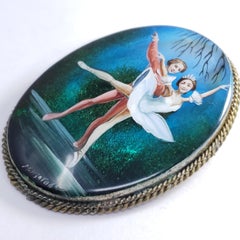 Fedoskino Russian Ballet Dancers Pin, Mother of Pearl, Lacquer, German Silver
