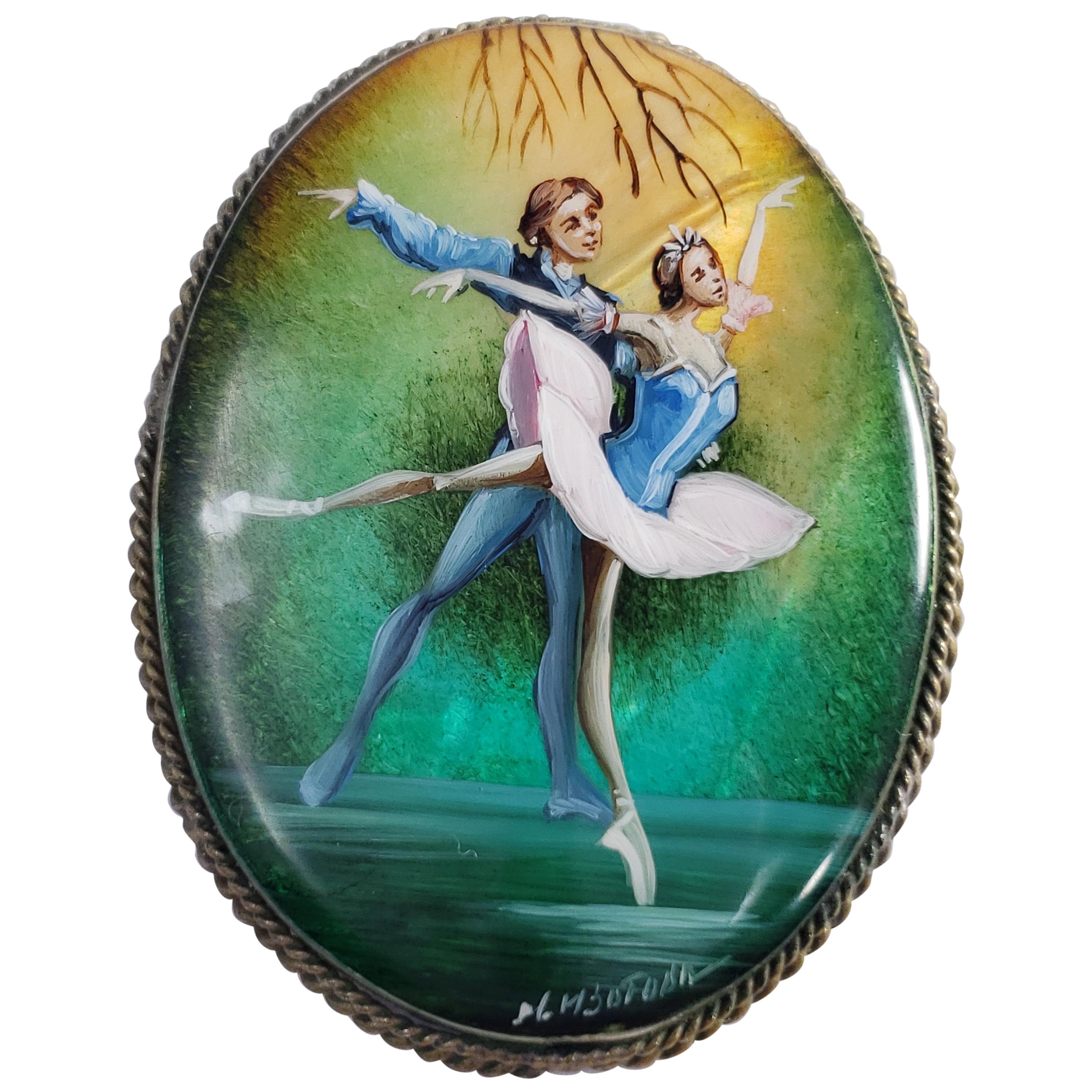 Fedoskino Russian Ballet Mother of Pearl Lacquer, German Silver, Pin Brooch For Sale