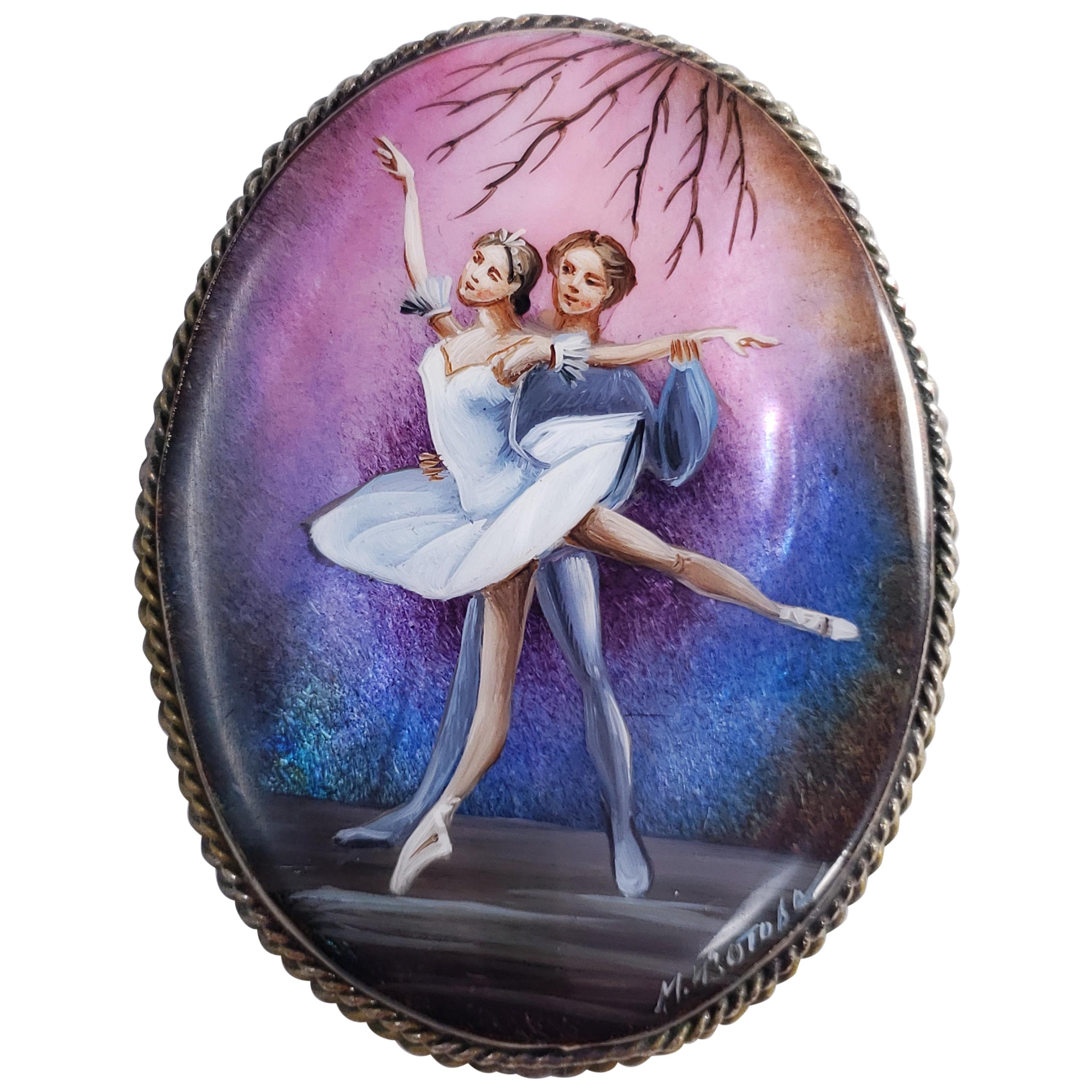 Fedoskino Russian Ballet Pin Brooch, Mother of Pearl, Lacquer, German Silver For Sale