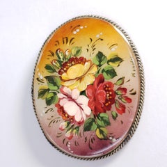 Fedoskino Russian Flower Bouquet Pin, Mother of Pearl, Lacquer, German Silver