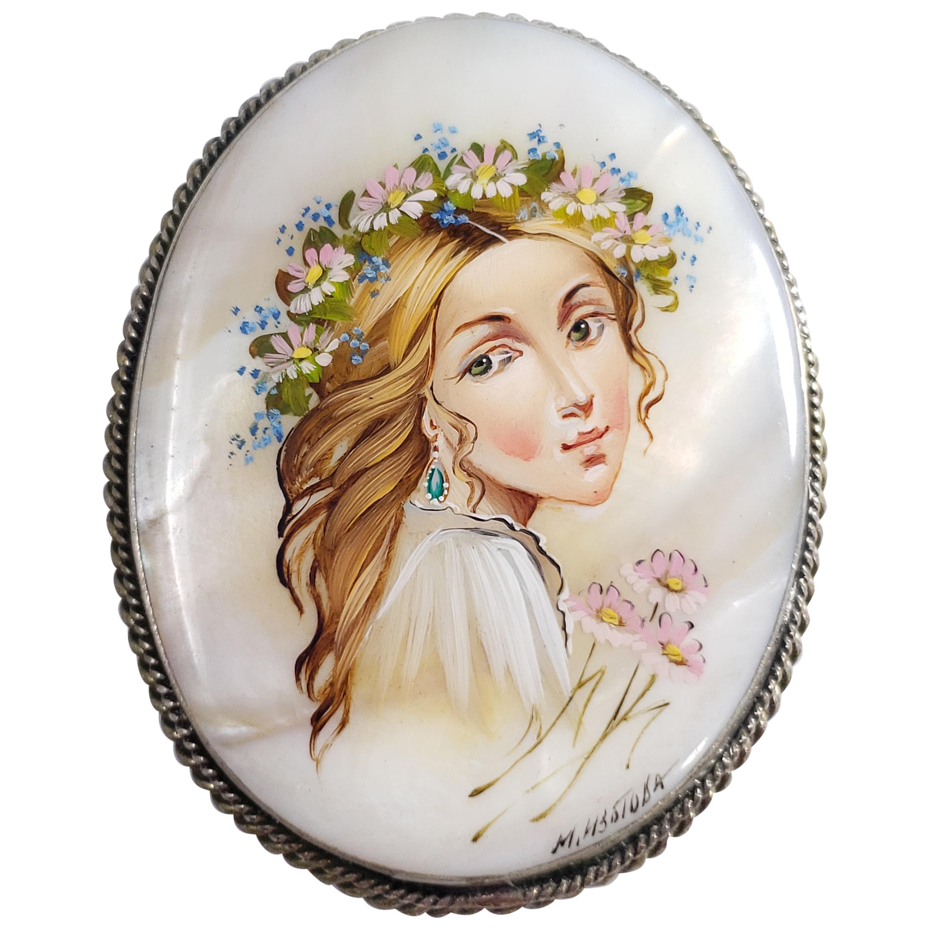Fedoskino Russian Mother of Pearl Lacquer German Silver Painted Woman Pin Brooch For Sale
