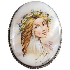 Vintage Fedoskino Russian Mother of Pearl Lacquer German Silver Painted Woman Pin Brooch