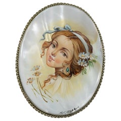 Vintage Fedoskino Russian Mother of Pearl Lacquer Painted Pin Brooch