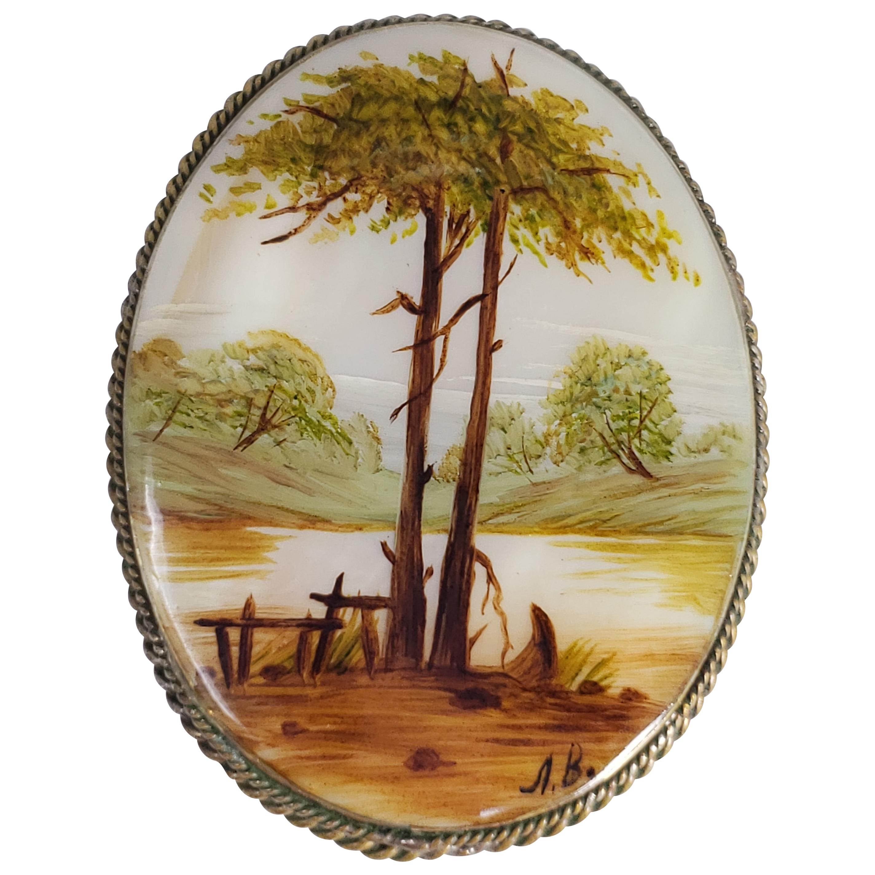 Fedoskino Russian Tree Landscape Pin, Mother of Pearl, Lacquer, German Silver For Sale