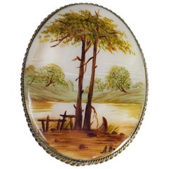 Vintage Fedoskino Russian Tree Landscape Pin, Mother of Pearl, Lacquer, German Silver