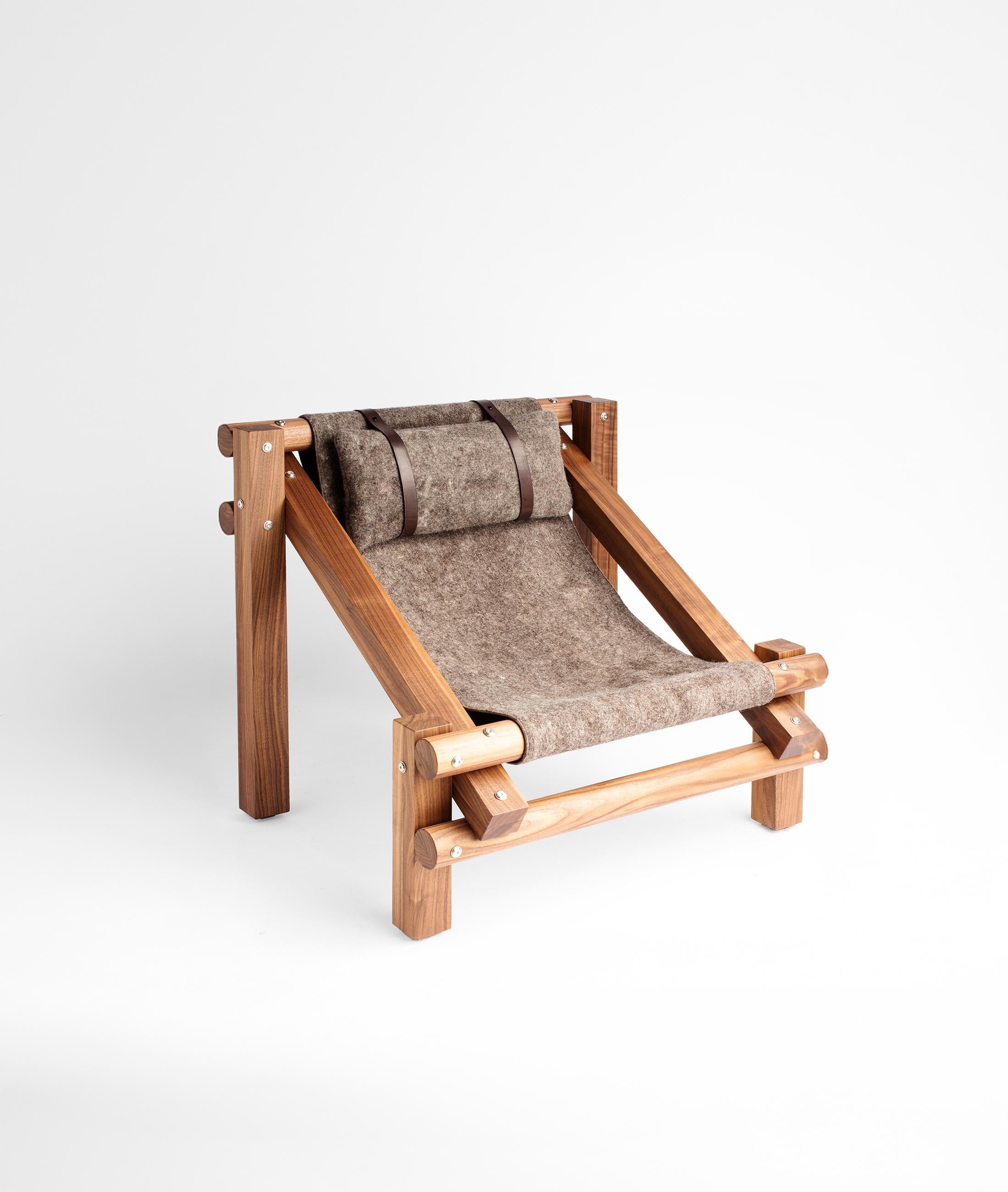 Modern Fee Fi Fo Fum Walnut Wood and Wool Armchair by Adriane Escarfullery For Sale
