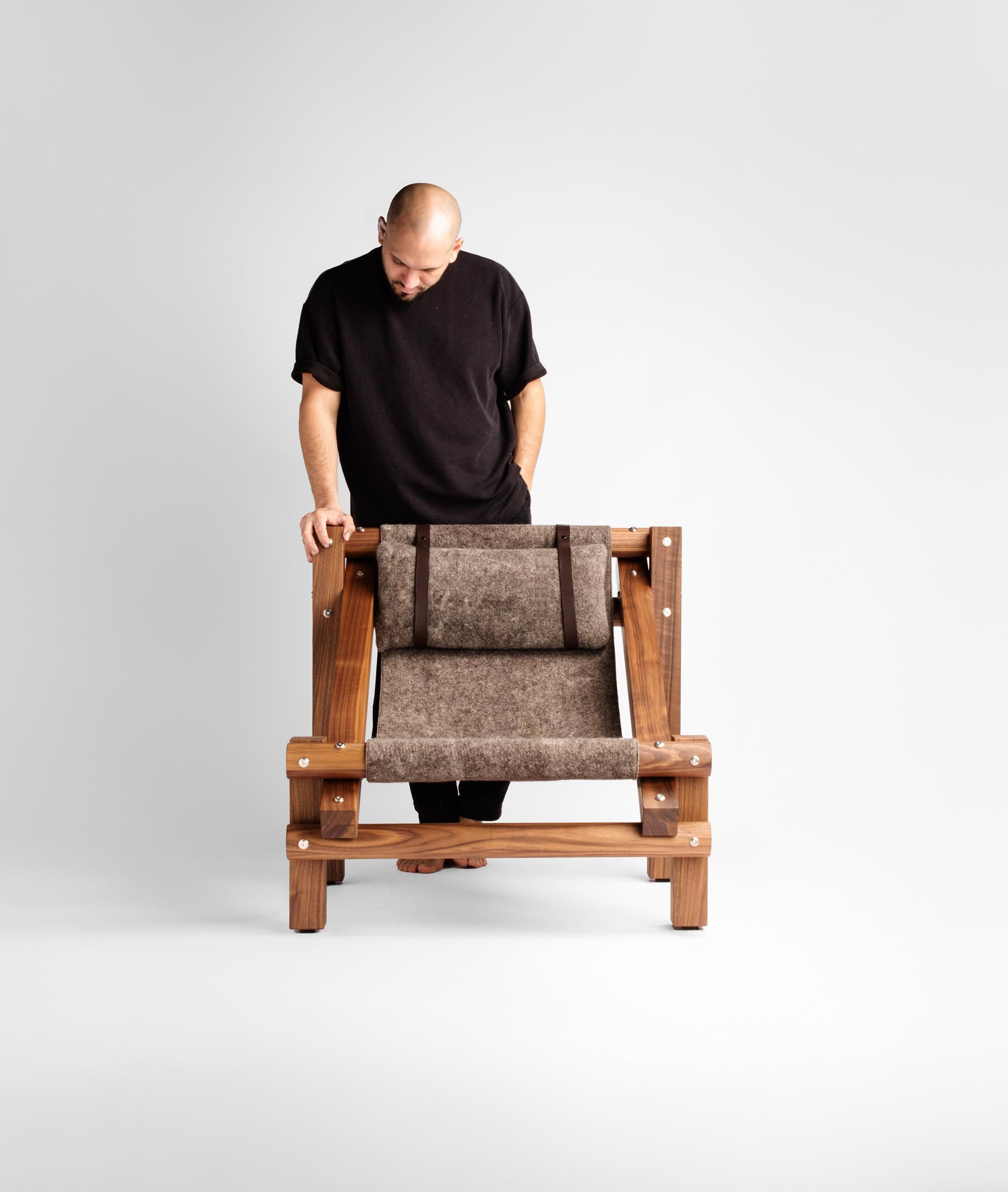 Spanish Fee Fi Fo Fum Walnut Wood and Wool Armchair by Adriane Escarfullery For Sale