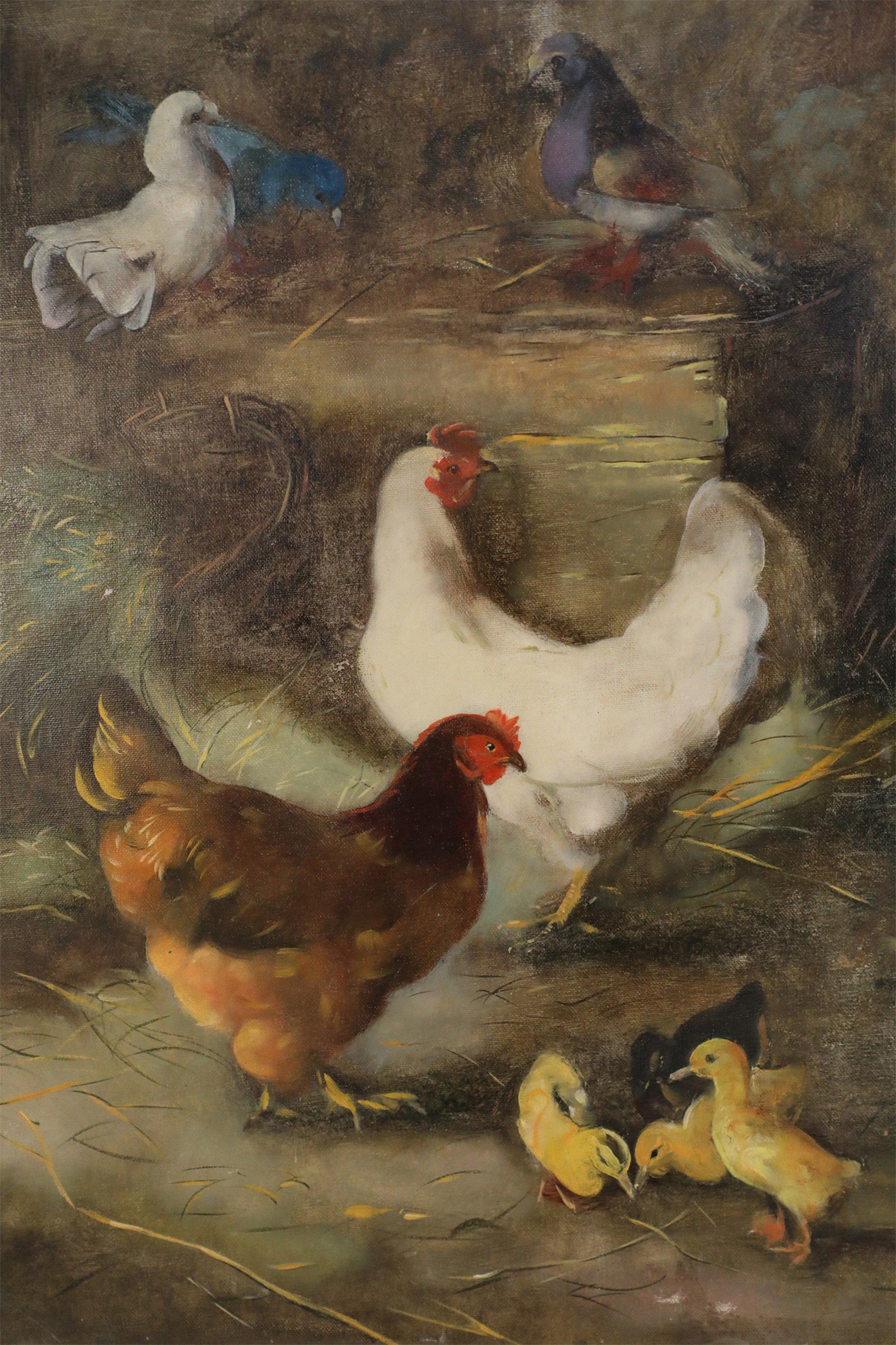 Mid-Century Modern Feeding Fowl in Barn Oil Painting on Canvas For Sale