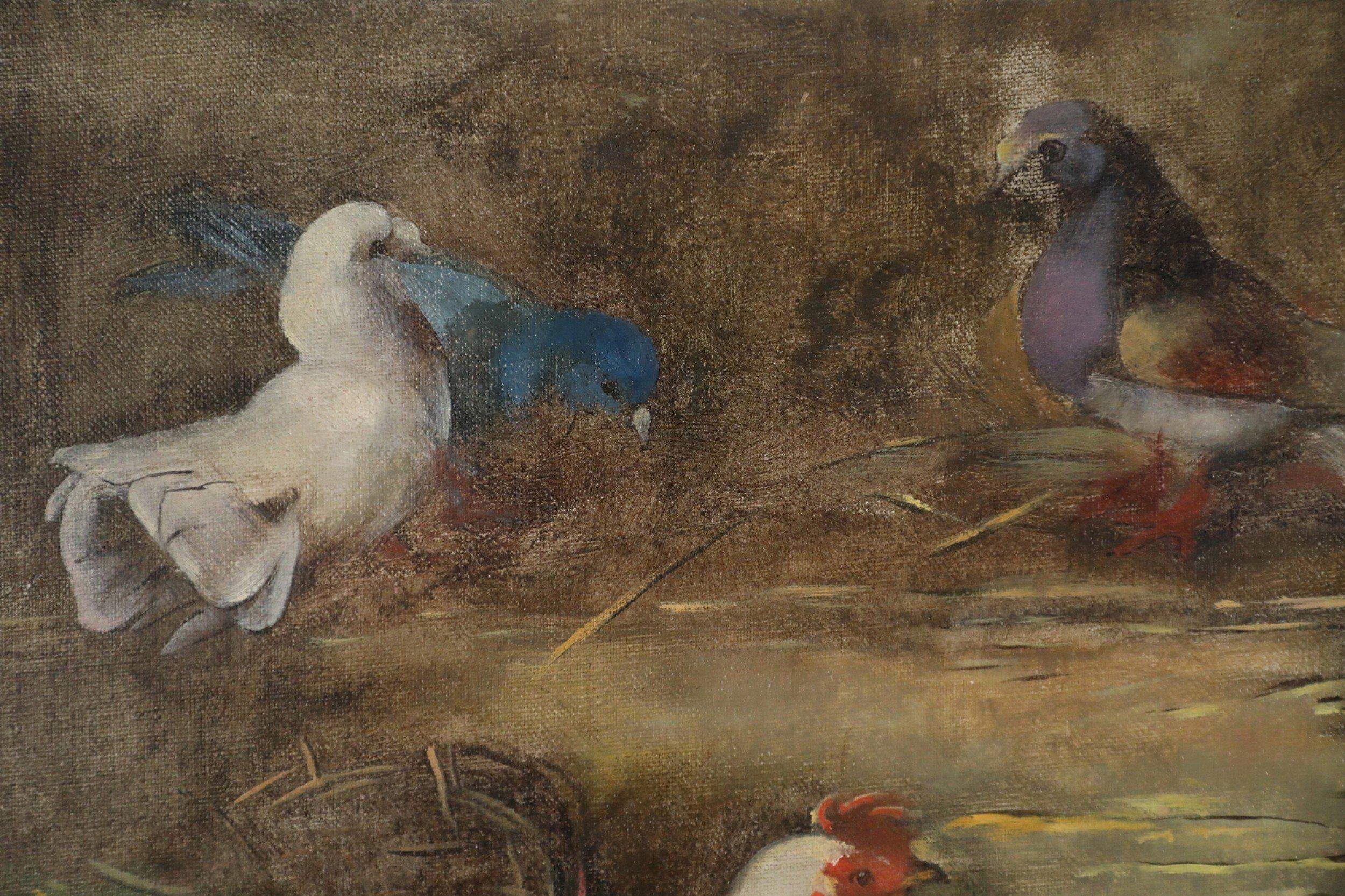Feeding Fowl in Barn Oil Painting on Canvas In Good Condition For Sale In New York, NY