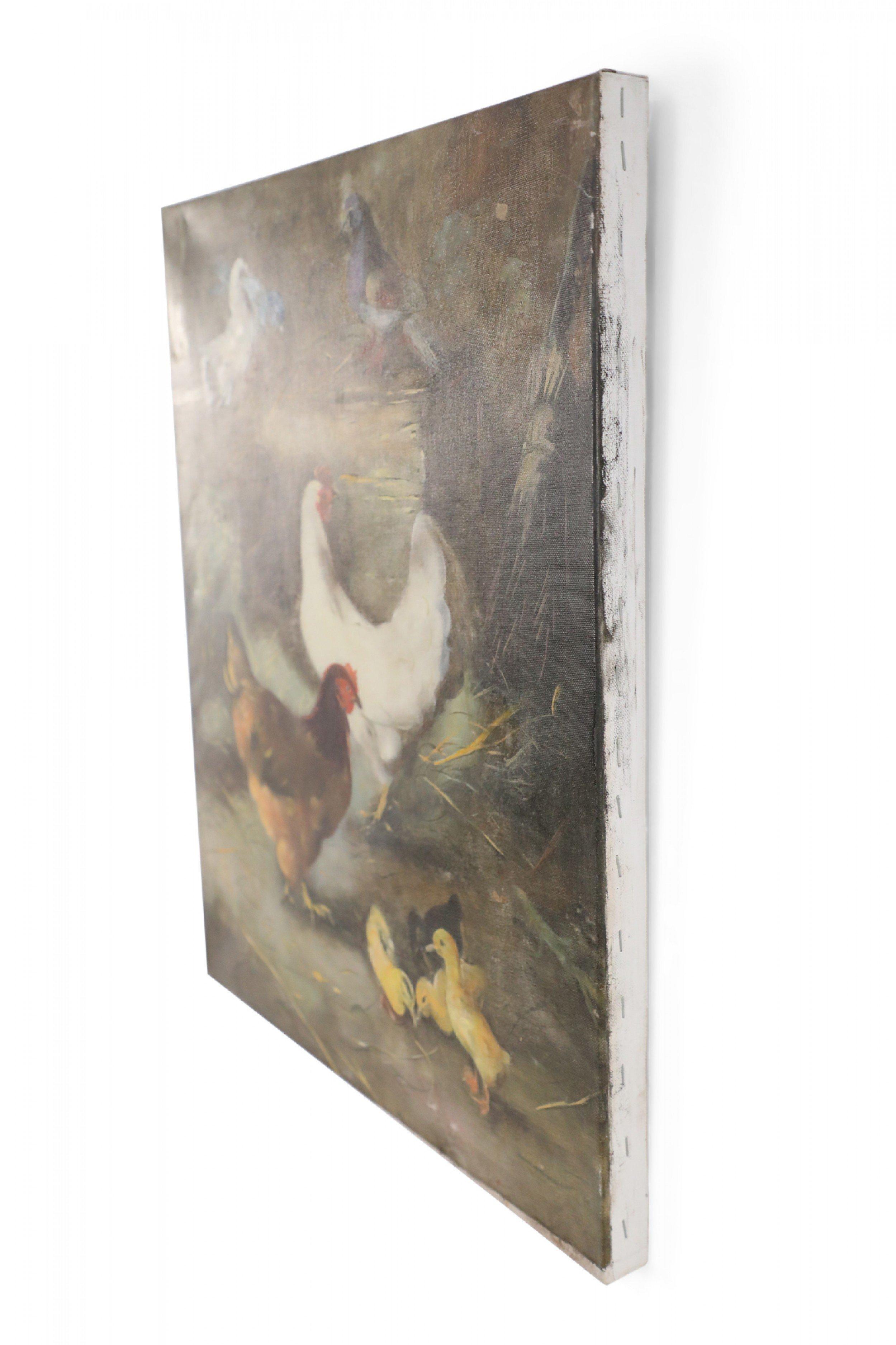 Feeding Fowl in Barn Oil Painting on Canvas For Sale 1