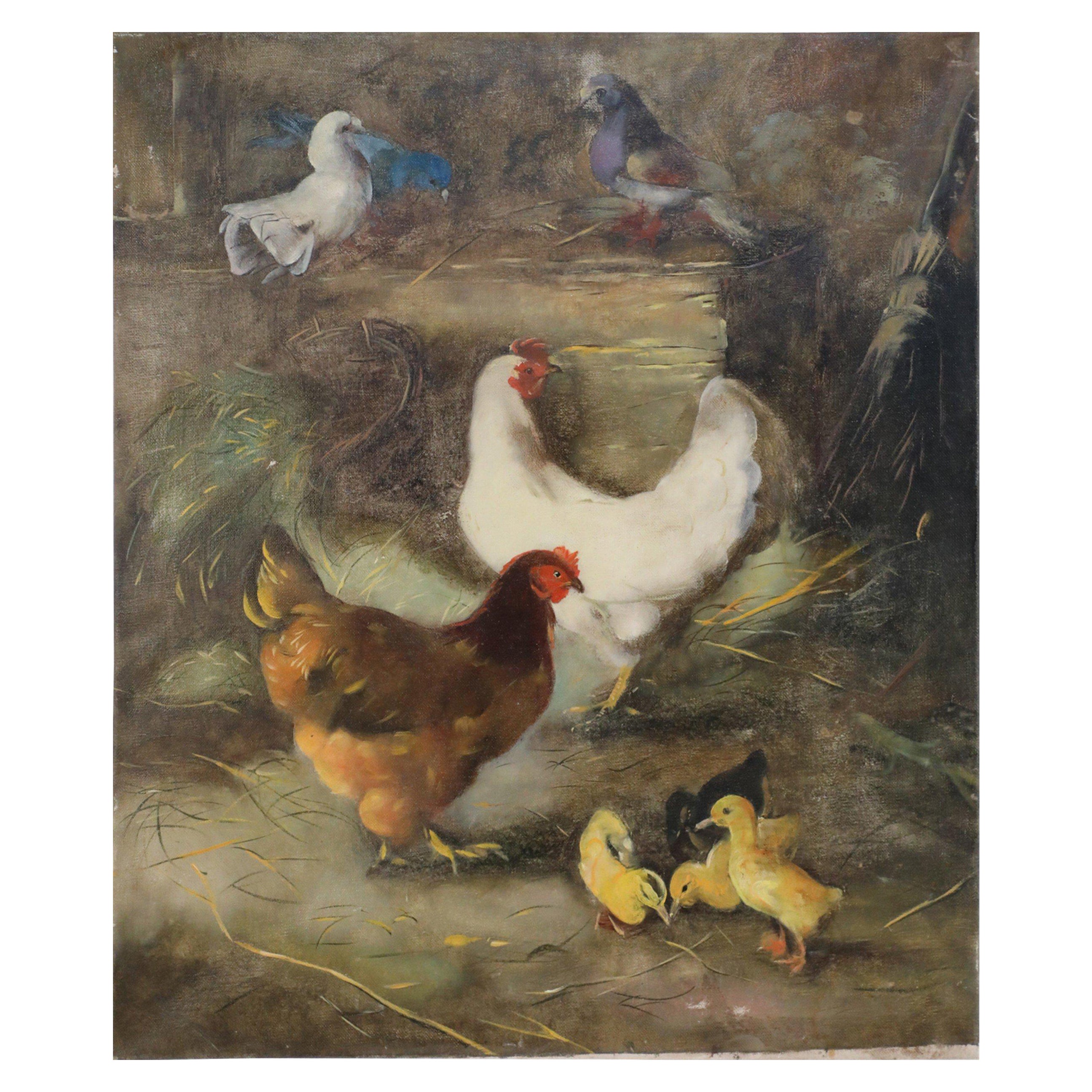 Feeding Fowl in Barn, Ölgemälde auf Leinwand
