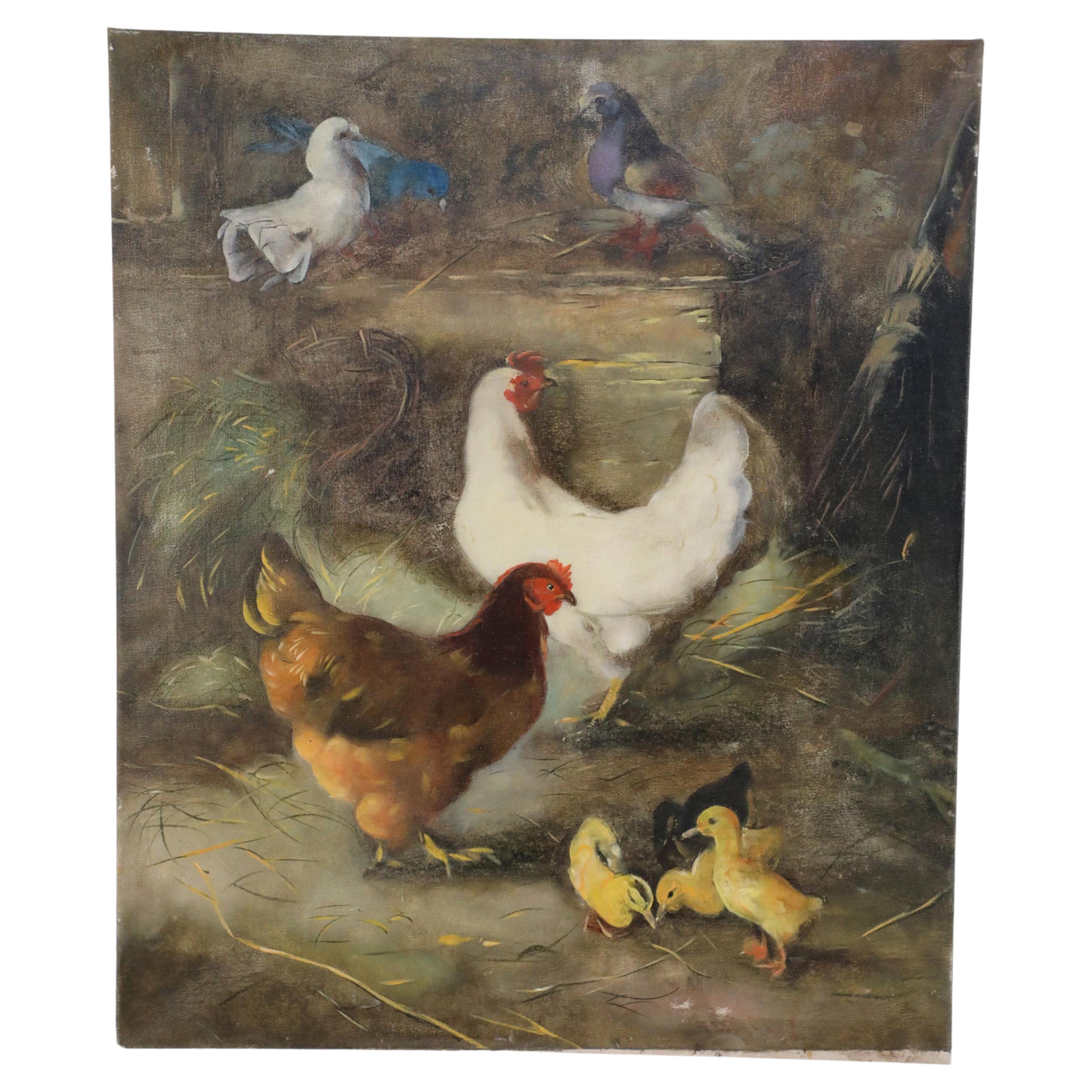Feeding Fowl in Barn Oil Painting on Canvas For Sale