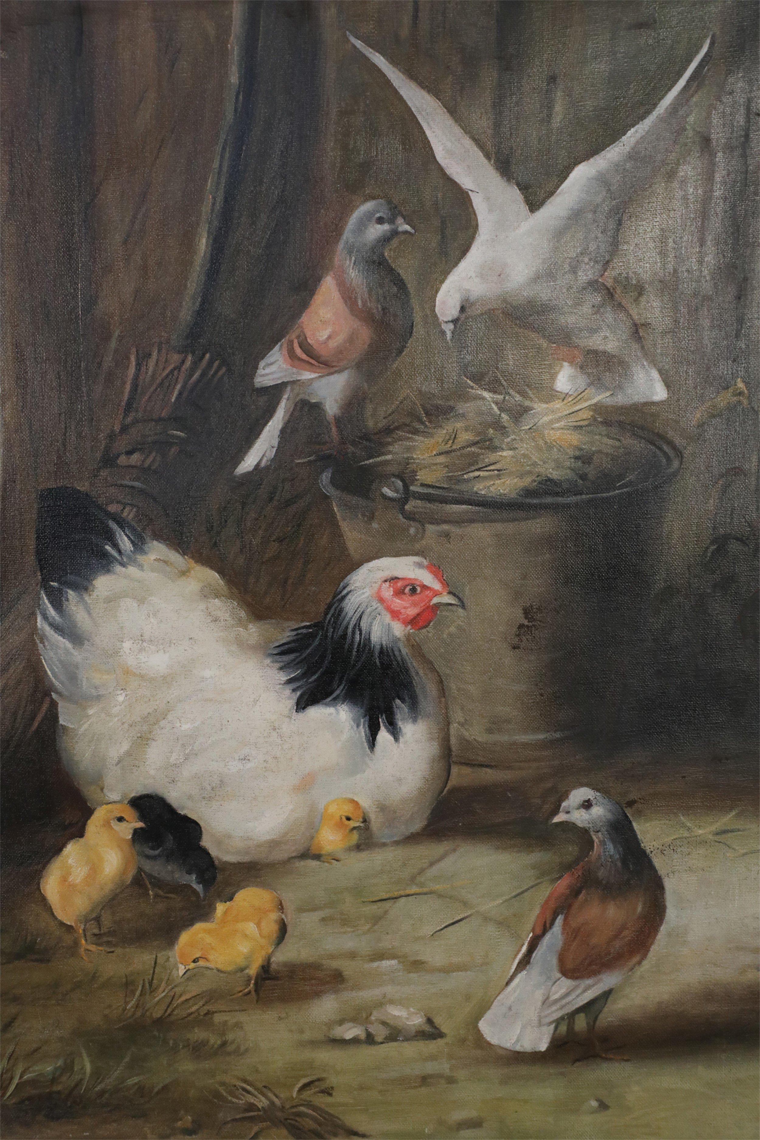 Vintage (20th century) oil painting depicting varied fowl, including chickens, chicks, pigeons and doves, pecking straw from both the ground and a bucket, on rectangular unframed canvas.