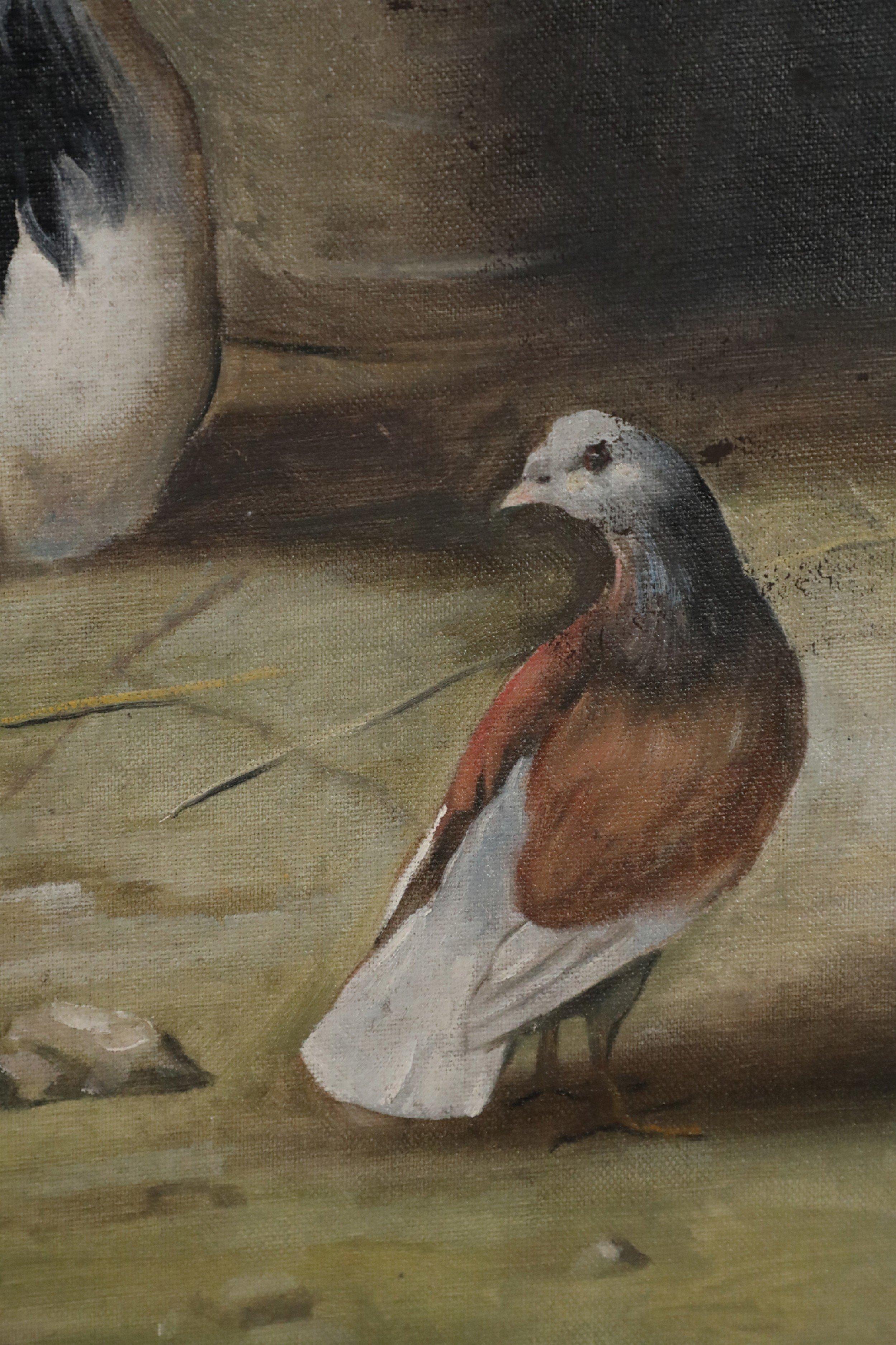 Mid-Century Modern Feeding Fowl Oil Painting on Canvas For Sale