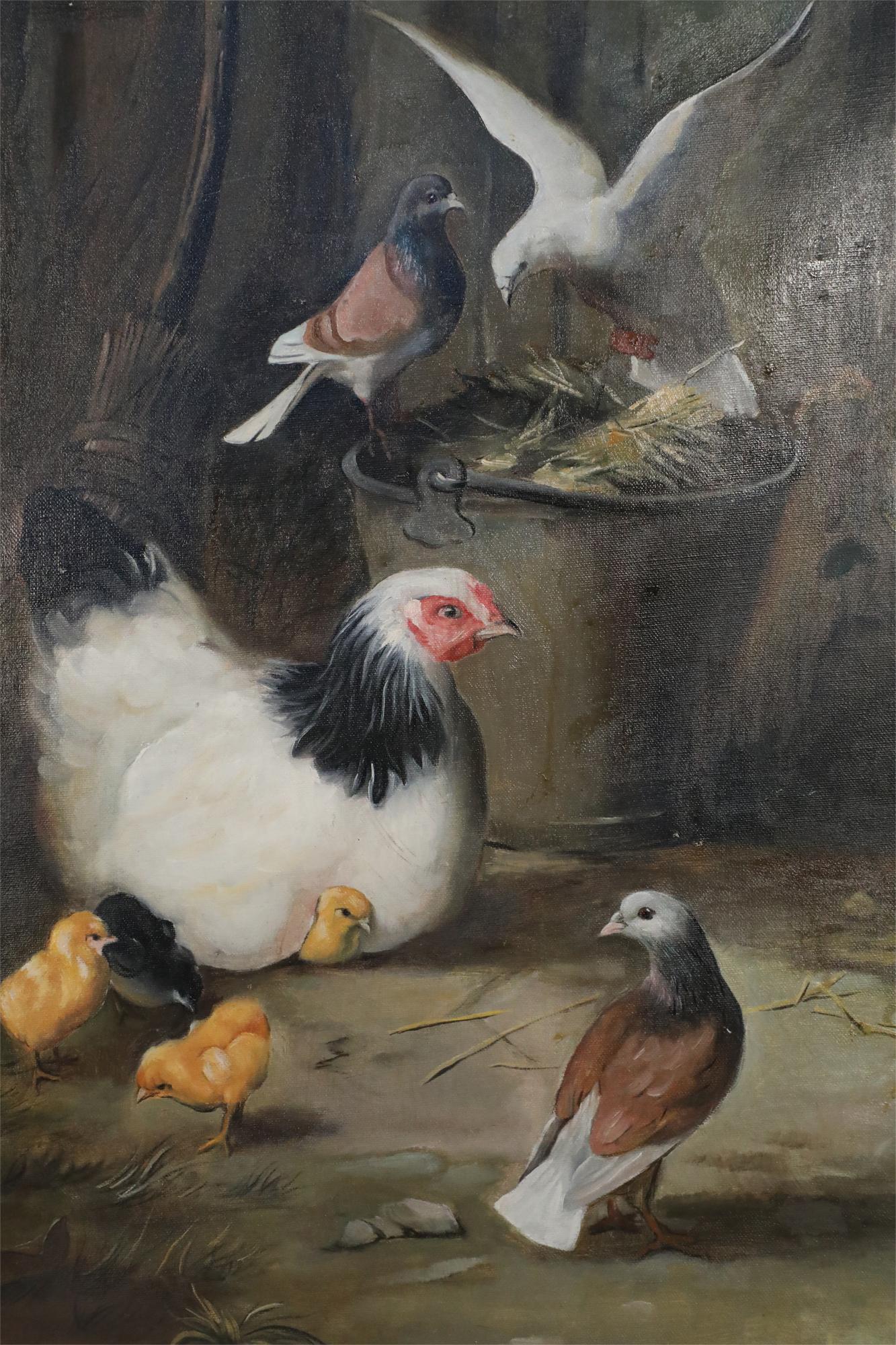 Mid-Century Modern Feeding Fowl Oil Painting on Canvas For Sale