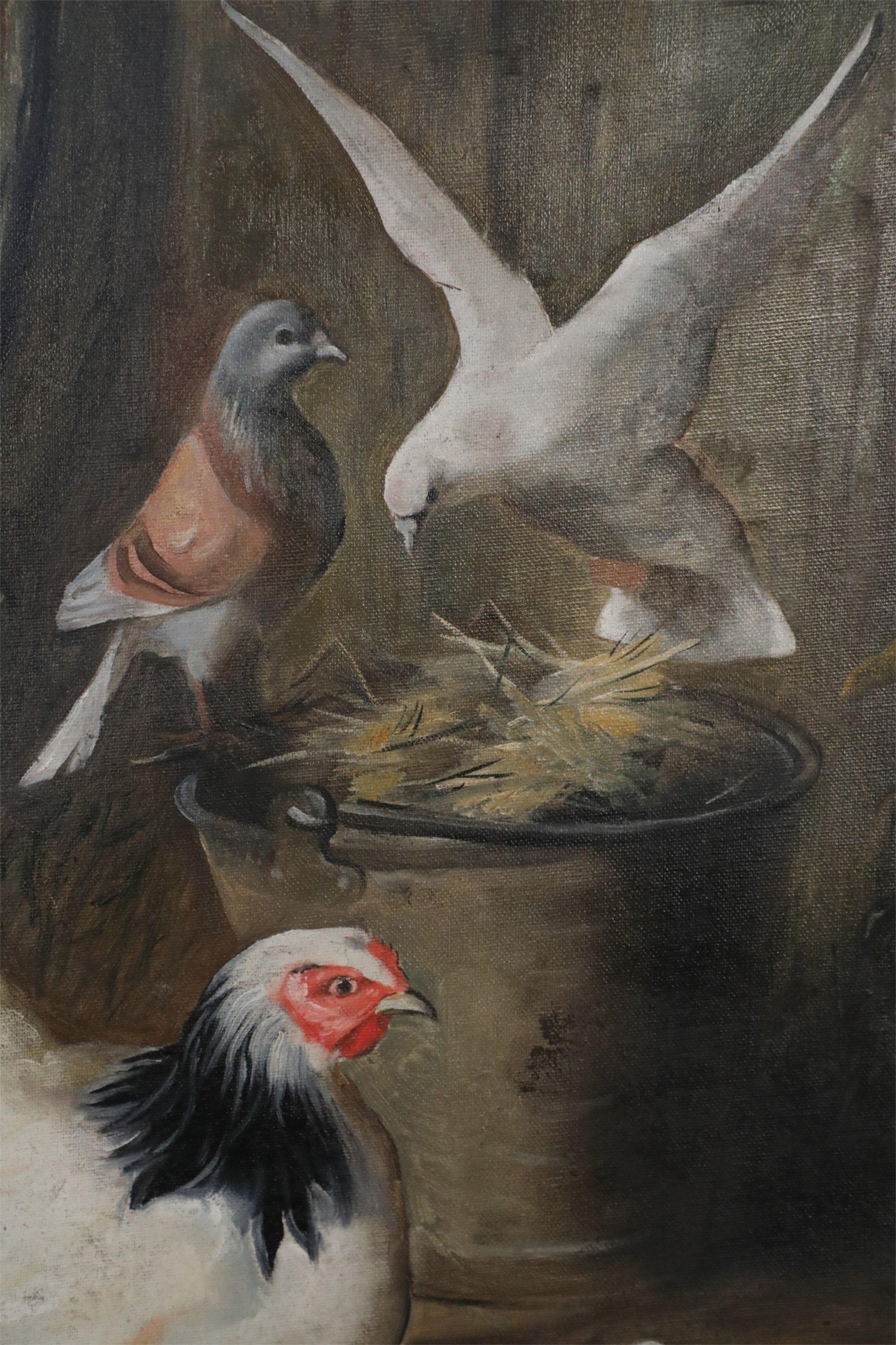 Oiled Feeding Fowl Oil Painting on Canvas For Sale