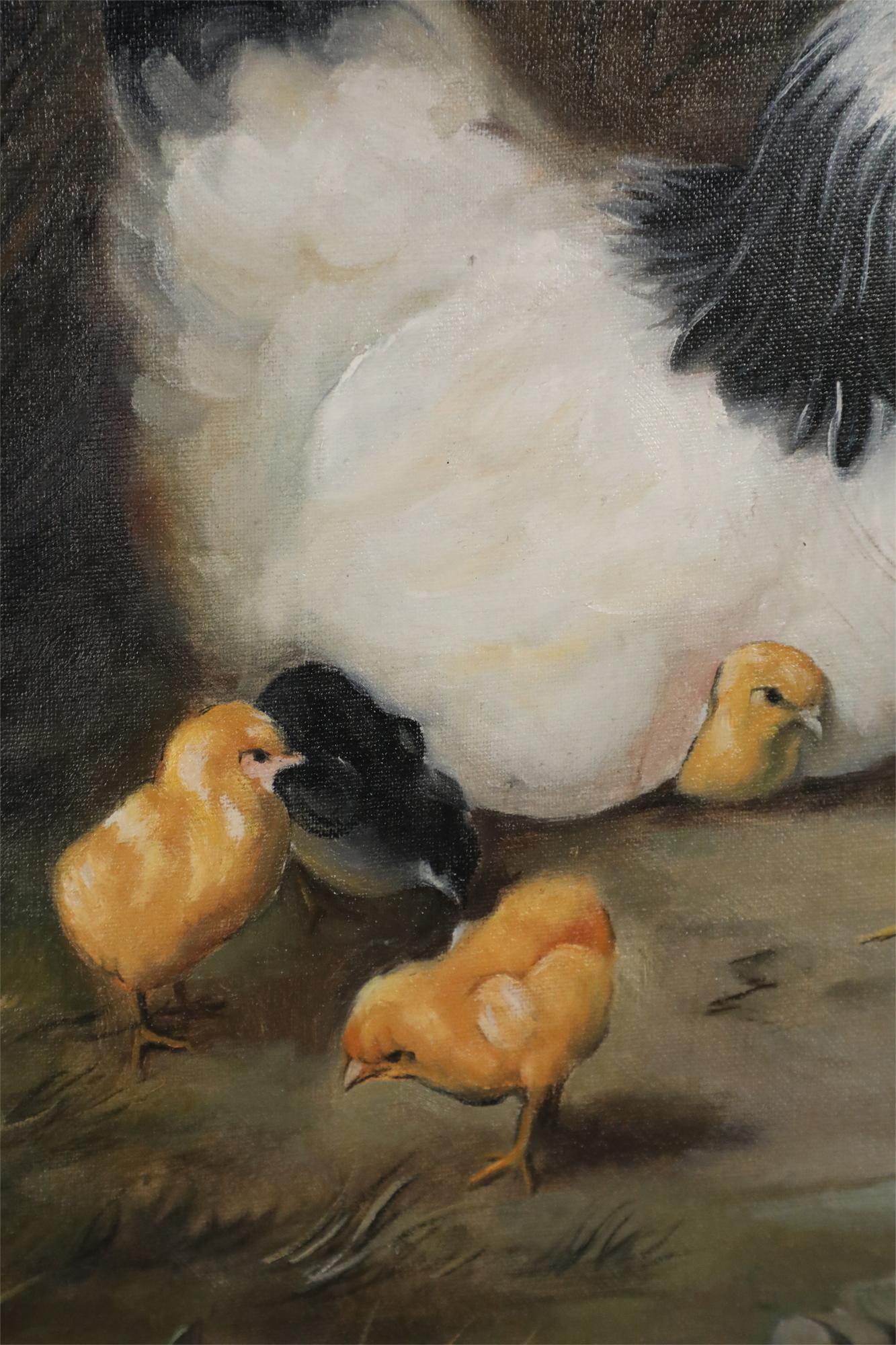 Oiled Feeding Fowl Oil Painting on Canvas For Sale