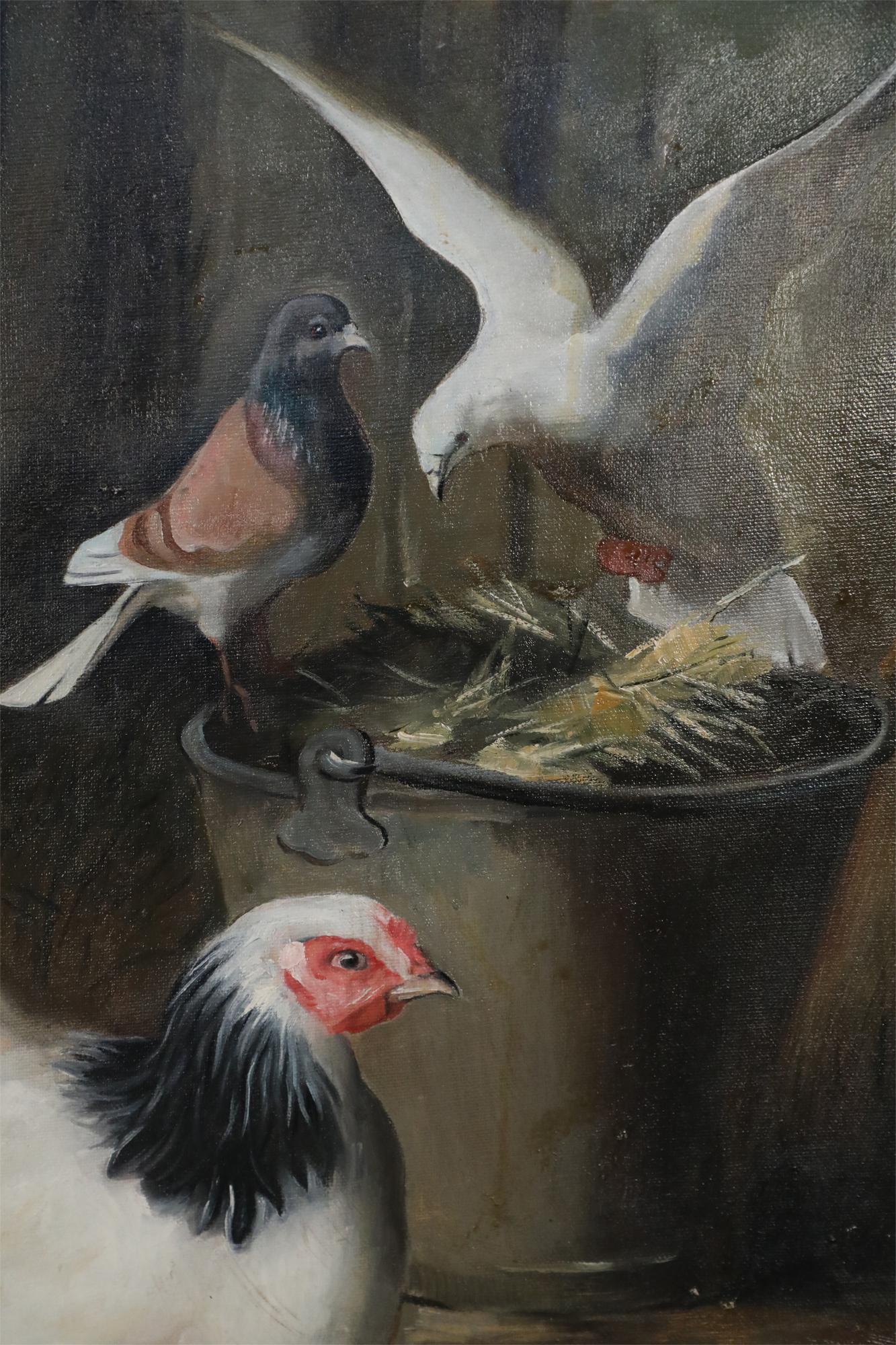 Feeding Fowl Oil Painting on Canvas In Good Condition For Sale In New York, NY
