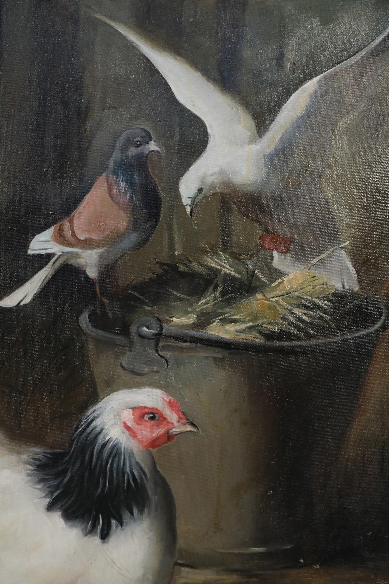 Alimentando Aves Pintura al Óleo sobre Lienzo en Bueno estado para la venta en Queens, NY