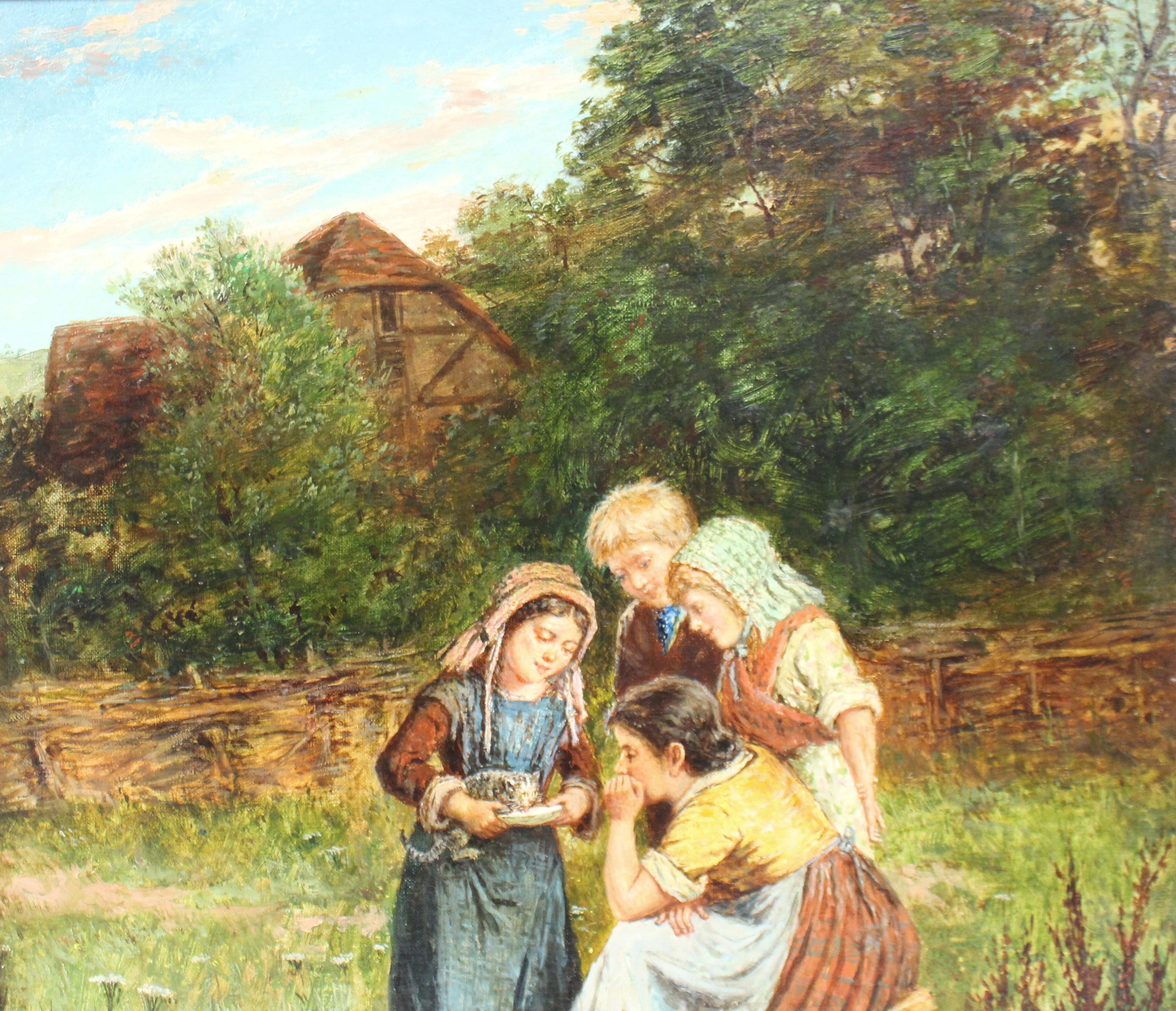 British Feeding the Kitten by Mark William Langlois Oil on Canvas For Sale