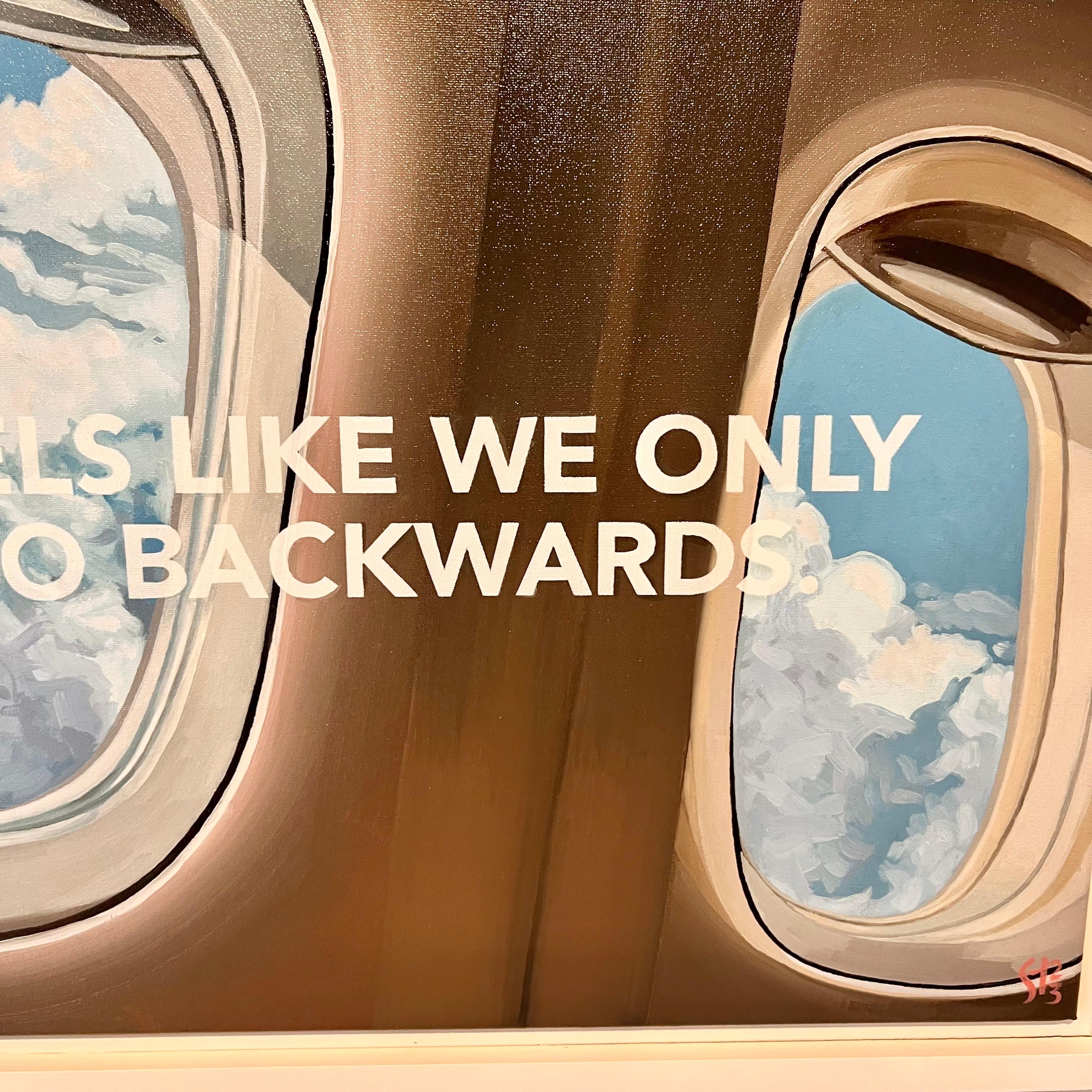 Peint à la main « FEELS LIKE WE ONLY GO BACKWARDS » - Peinture originale à l'huile sur toile, 2023 en vente