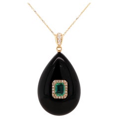 Fei Liu 0.907ct Emerald, Diamond and Onyx 14 Karat Gold Pendant Necklace Fei Liu 0.907ct Emerald, Diamond and Onyx 14 Karat Gold Pendant Necklace