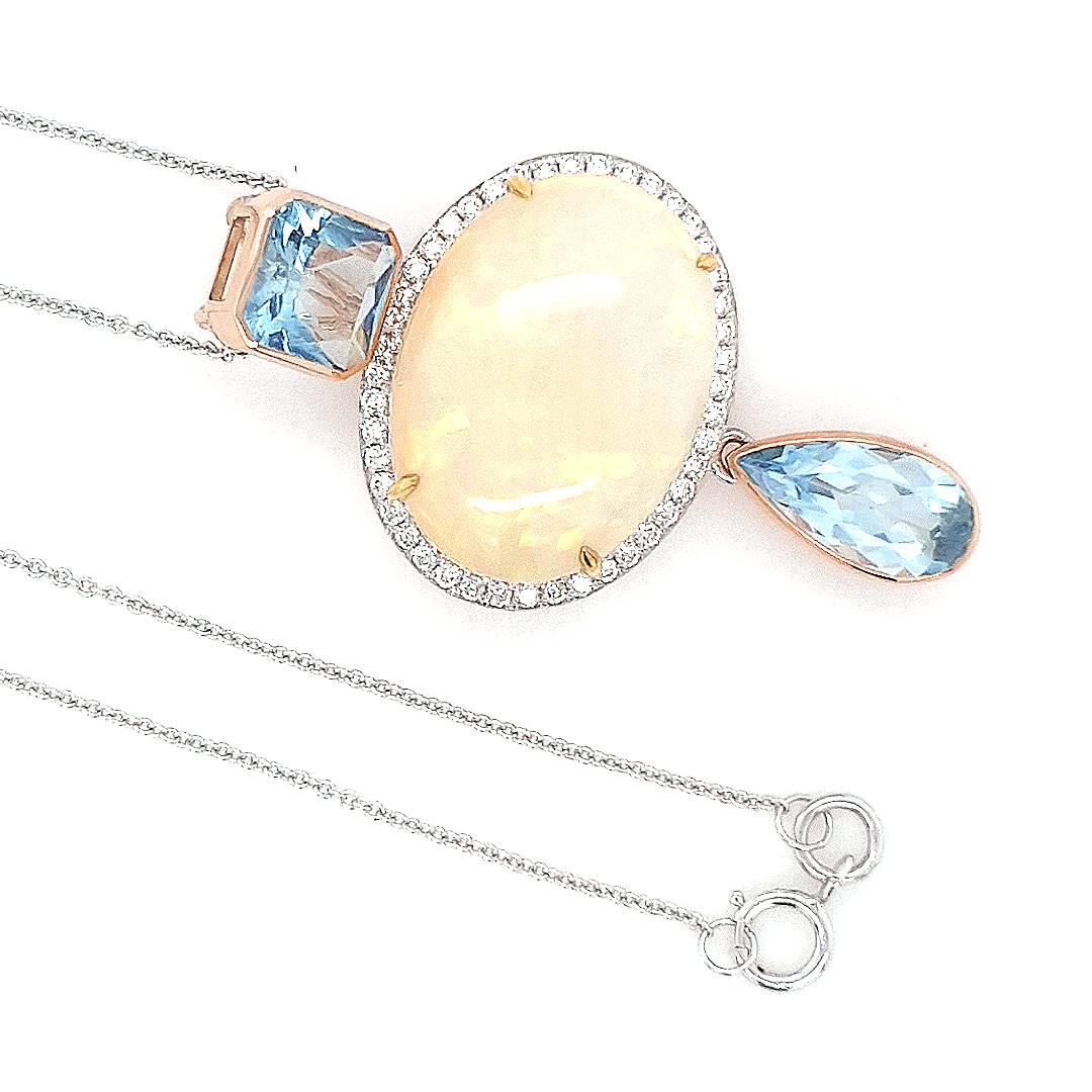 Contemporary Fei Liu 10.58ct Opal, Diamond and Aquamarine 18 Karat White Gold Pendant For Sale