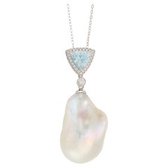 Fei Liu 1,17ct Aquamarin, Diamant und Barockperle Anhänger Halskette aus 18ct Gold