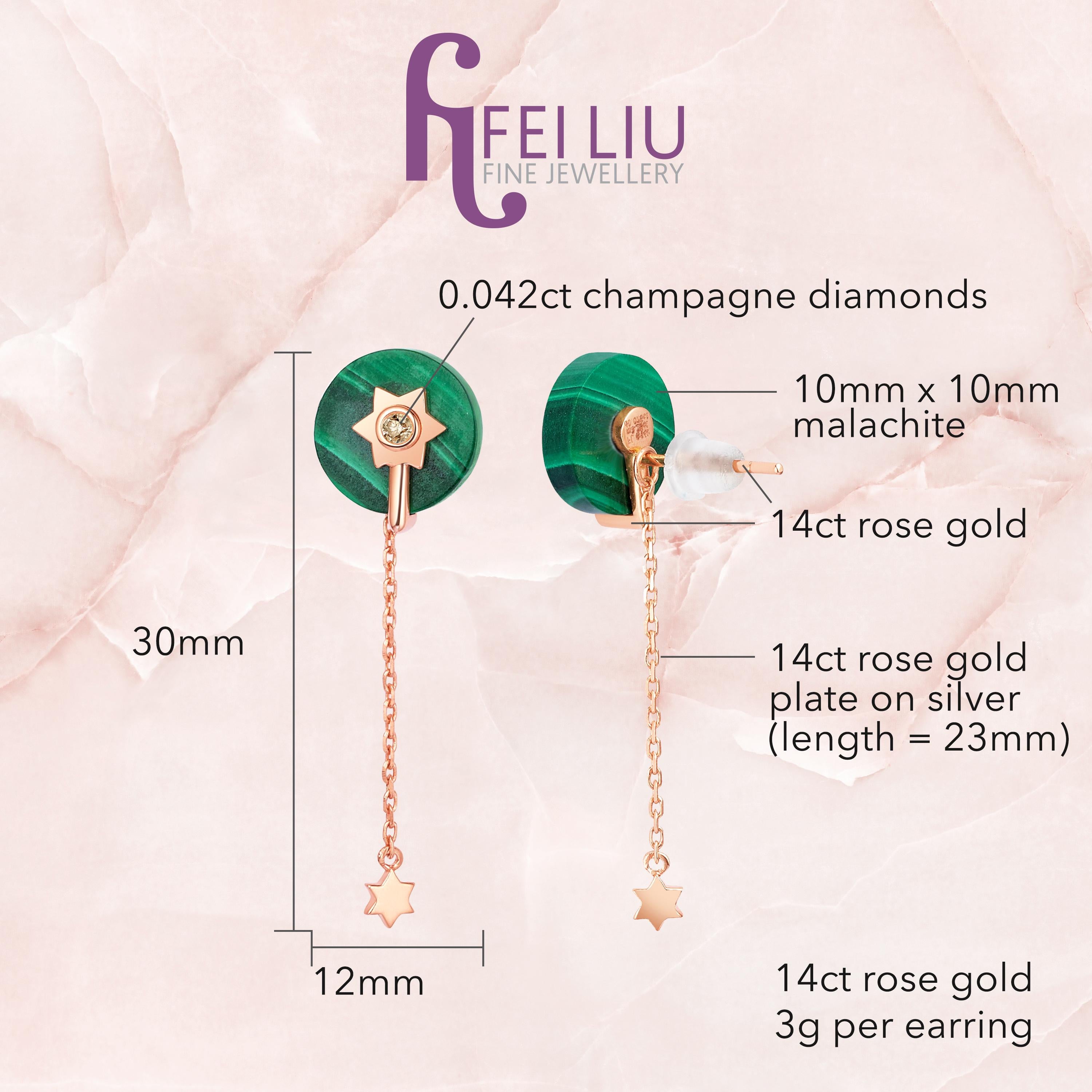 Round Cut Fei Liu Malachite Diamond 14 Karat Rose Gold Two-Piece Stud Dangle Earrings