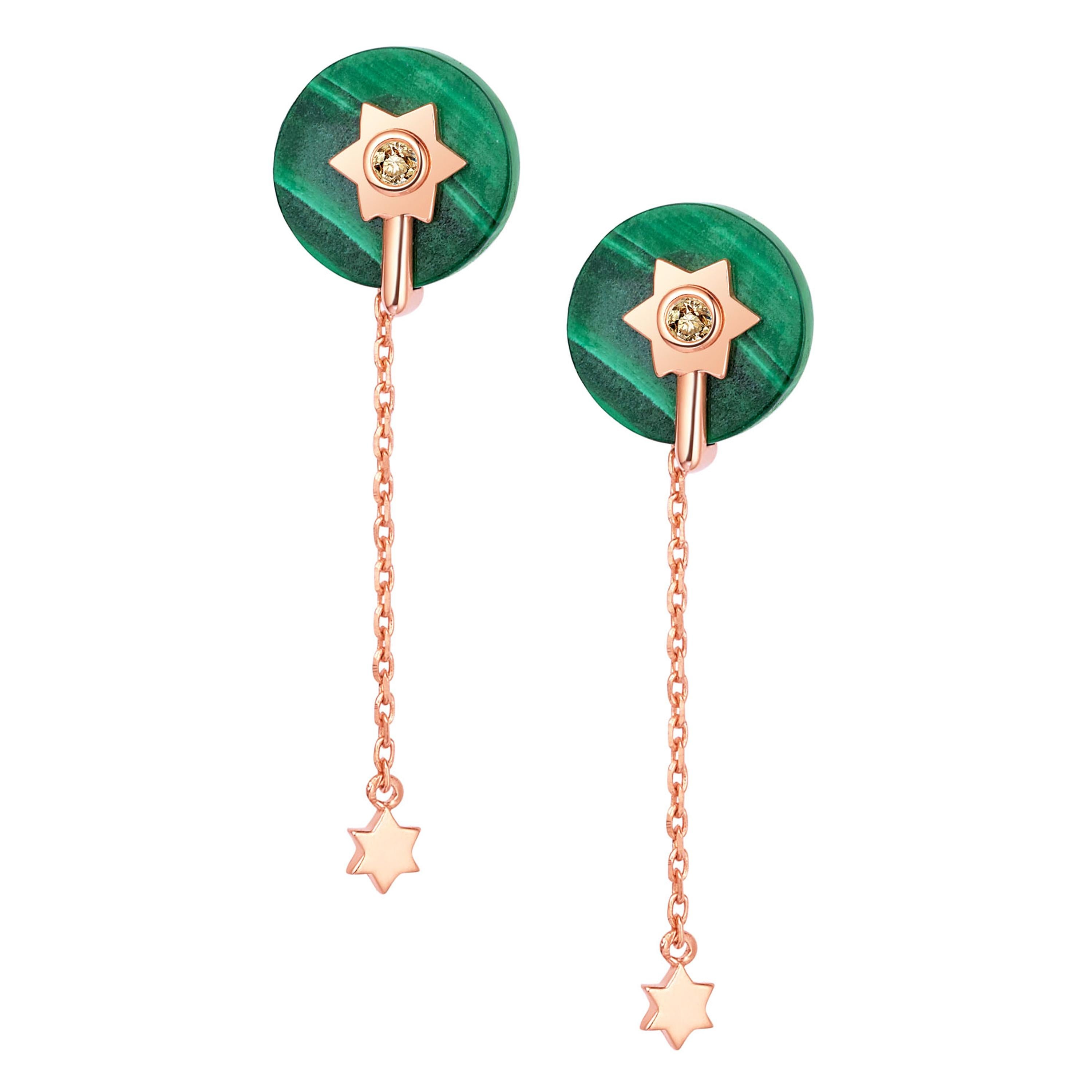 Description:
Stella necklace with spinning 12mm malachite and 0.021ct champagne diamond set in 14ct rose gold. Chain* length is 15 inches + 2 inch extension. Size (LxW) = 16mm x 12mm. Weight = 2g

Stella two-way wear earrings with spinning 10mm