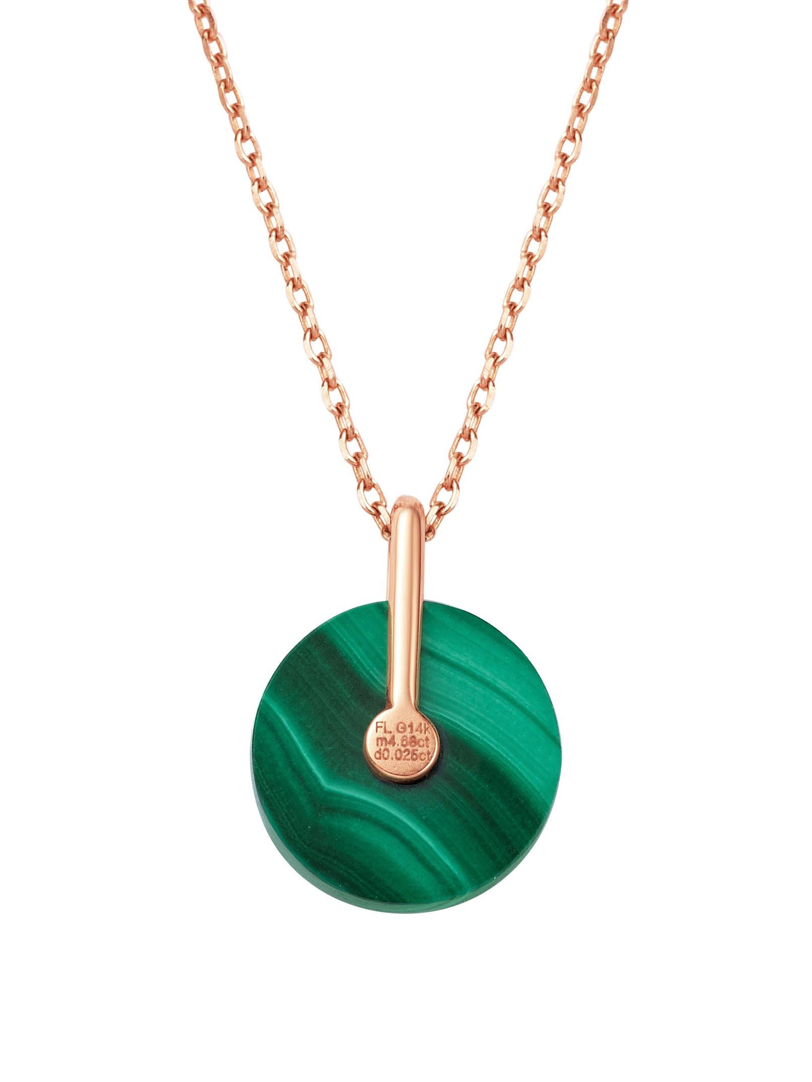 Description:
Stella necklace with spinning 12mm malachite and 0.021ct champagne diamond set in 14ct rose gold. Chain* length is 15 inches + 2 inch extension.

*Please note: The chain is 14ct rose gold plated sterling silver. The other components are