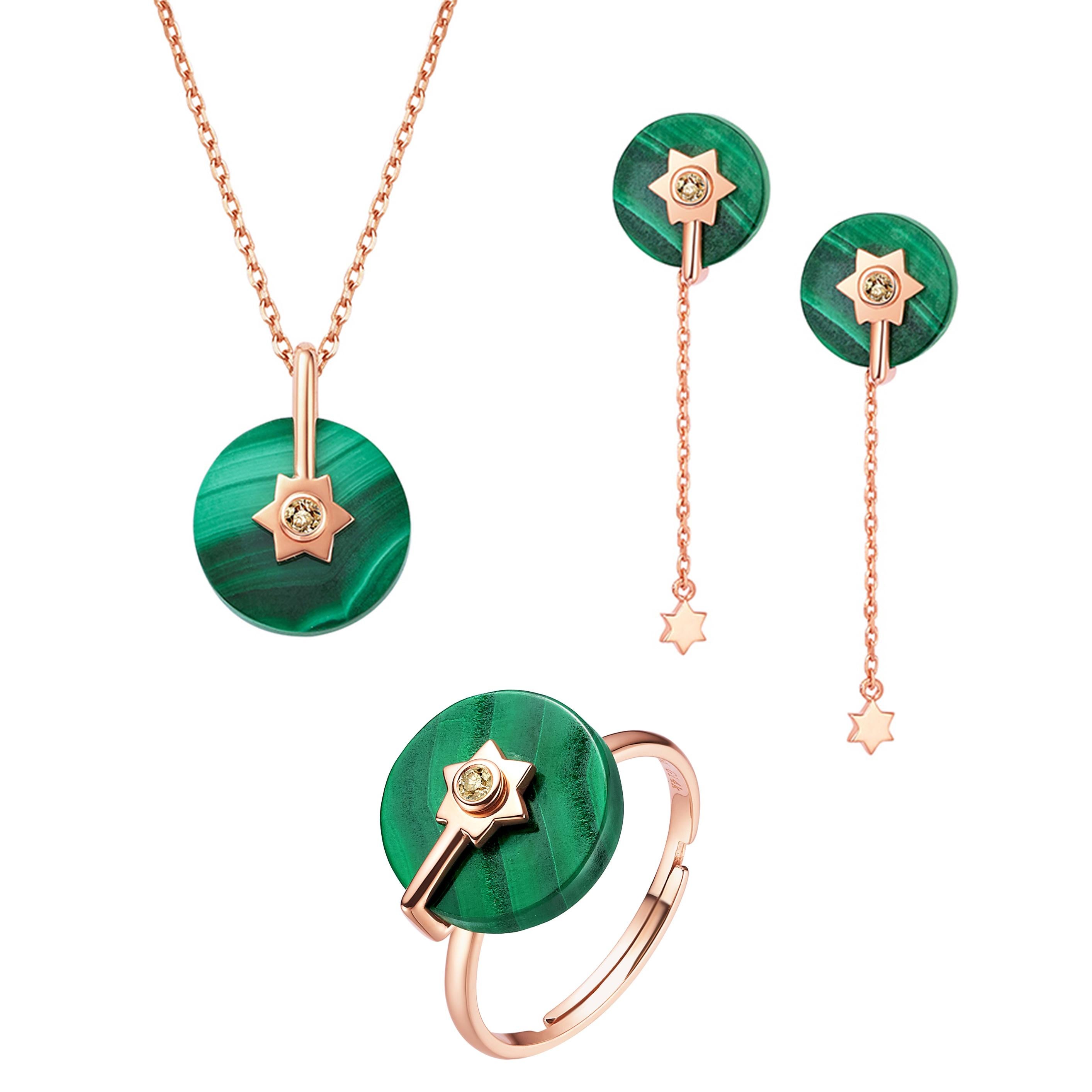 Fei Liu Malachite Diamond Rose Gold Necklace Earrings Ring
