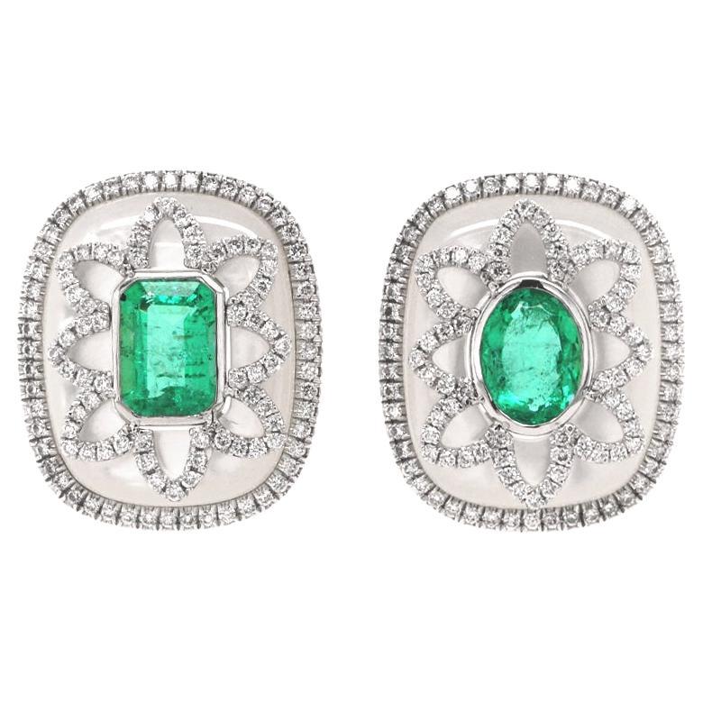 Fei Liu - Orecchini asimmetrici in platino con smeraldo, MOP e diamante da 1,44 ct.