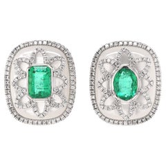 Fei Liu 1.44ct Emerald, MOP and Diamond Platinum Asymmetric Stud Earrings
