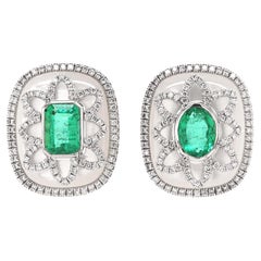 Fei Liu 1.44ct Emerald, MOP and Diamond Platinum Asymmetric Stud Earrings