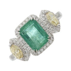 Fei Liu 1.65ct Emerald, Yellow Diamond and White Diamond Platinum Trilogy Ring