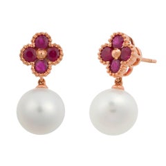 Fei Liu 18 Karat Clover Rose Gold Drop Earring with Rudy and Fresh Water Pearl