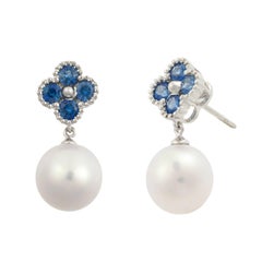 Fei Liu 18 Karat Clover White Gold Drop Earring, Blue Sapphire and Water Pearls