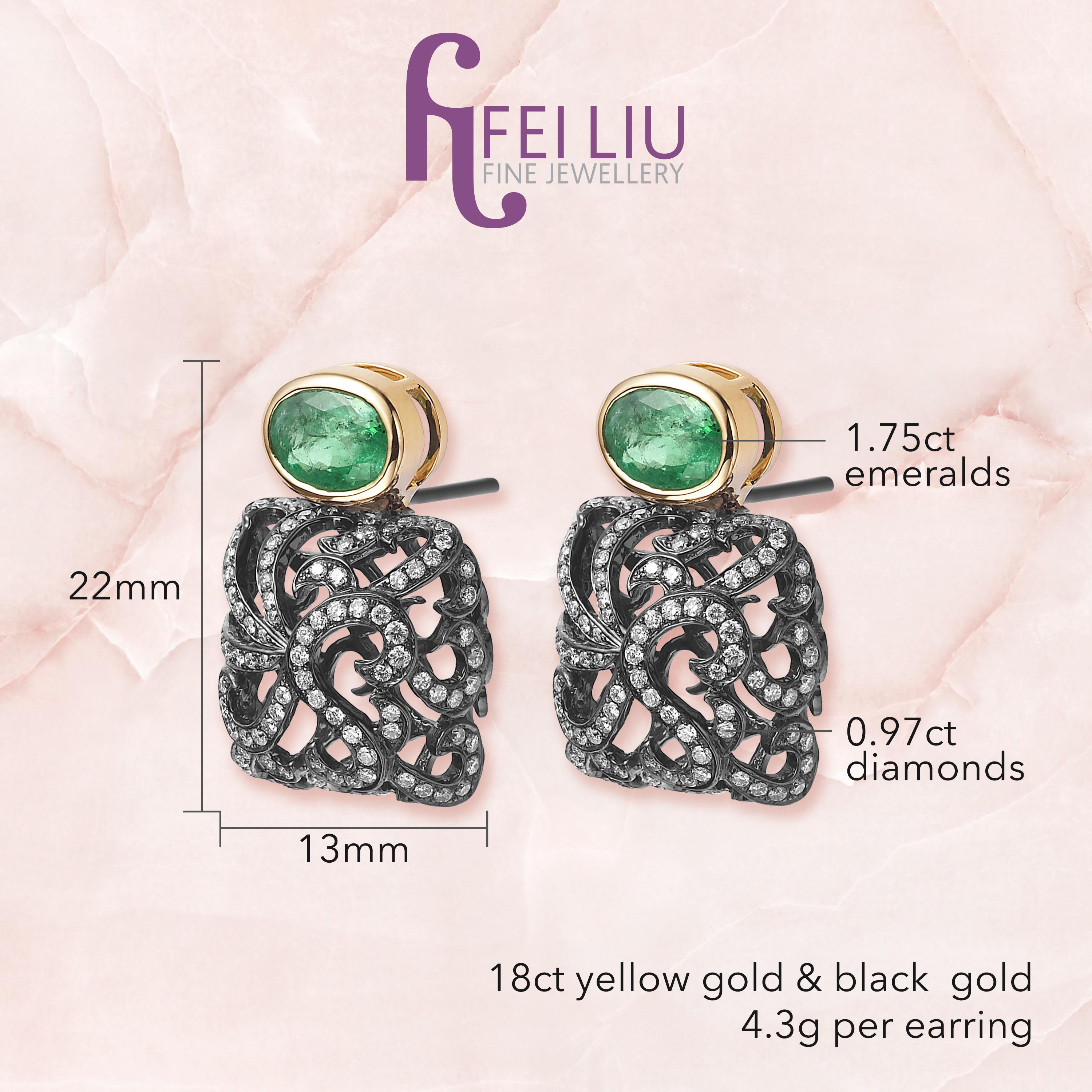 Description:
One-off open cushion filigree stud earrings with 1.75ct oval cut green emerald set in 18ct yellow gold and 0.97ct white diamonds set in 18ct black gold.

Inspiration:
Emulating femininity and glamour, the Whispering collection is full